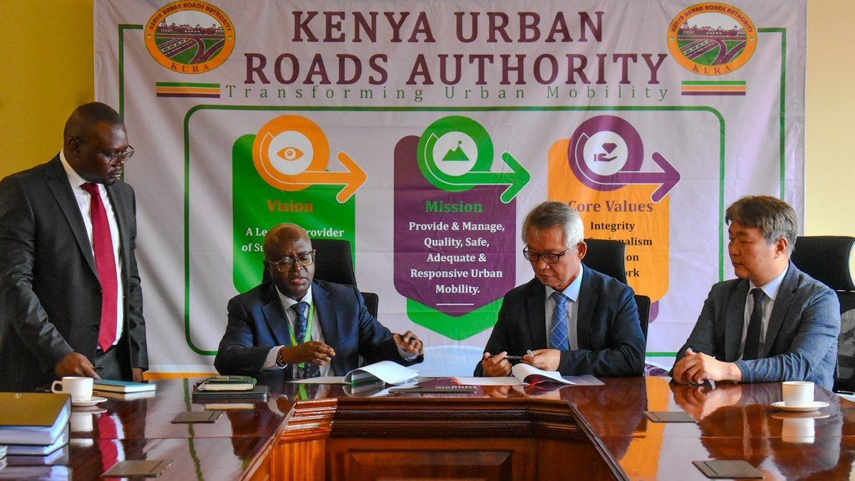 KURA director general Eng. Silas Kinoti and team with YOUNGJIN Joint Venture representatives at the BRT Line 5 contract signing ceremony in Nairobi