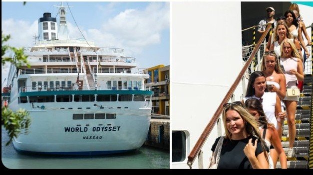 MV World Odyssey docked at the Port of Mombasa, showing the ship's name and students on board