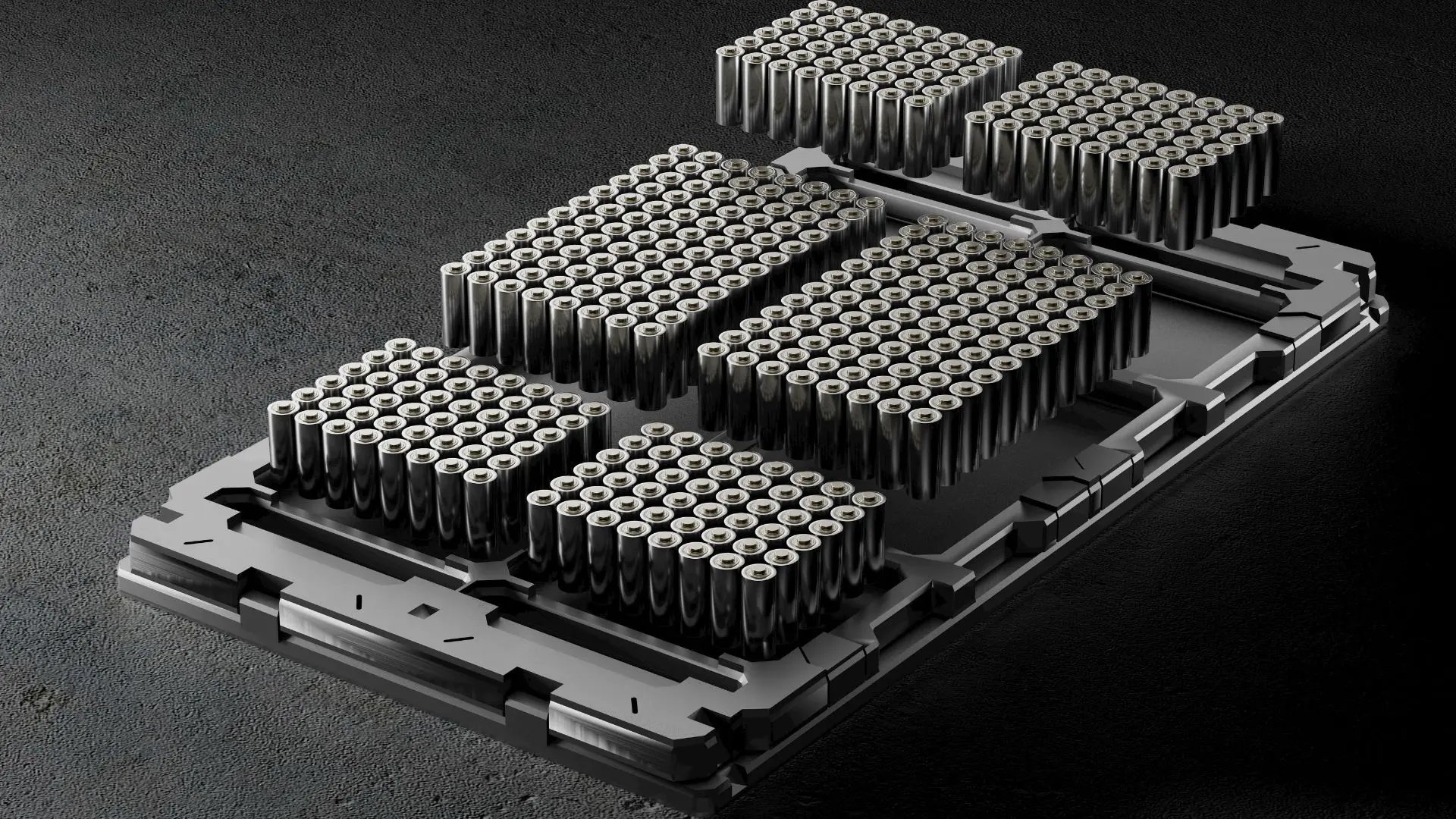 A high-density lithium-ion electric vehicle battery module set on a textured metallic surface in a laboratory testing environment.
