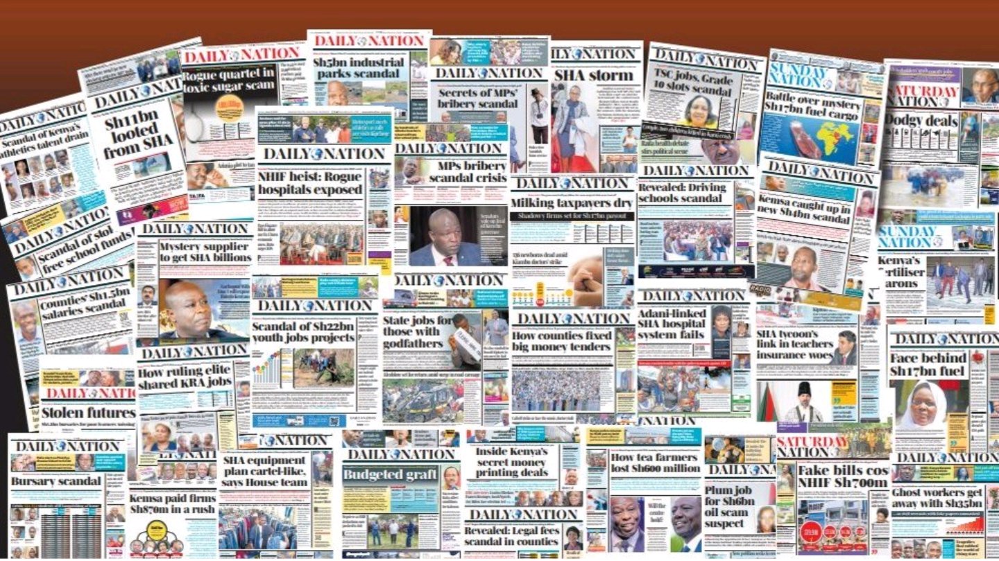 A collage of Daily Nation newspaper front pages featuring various headlines about corruption scandals and financial audits in Kenya.