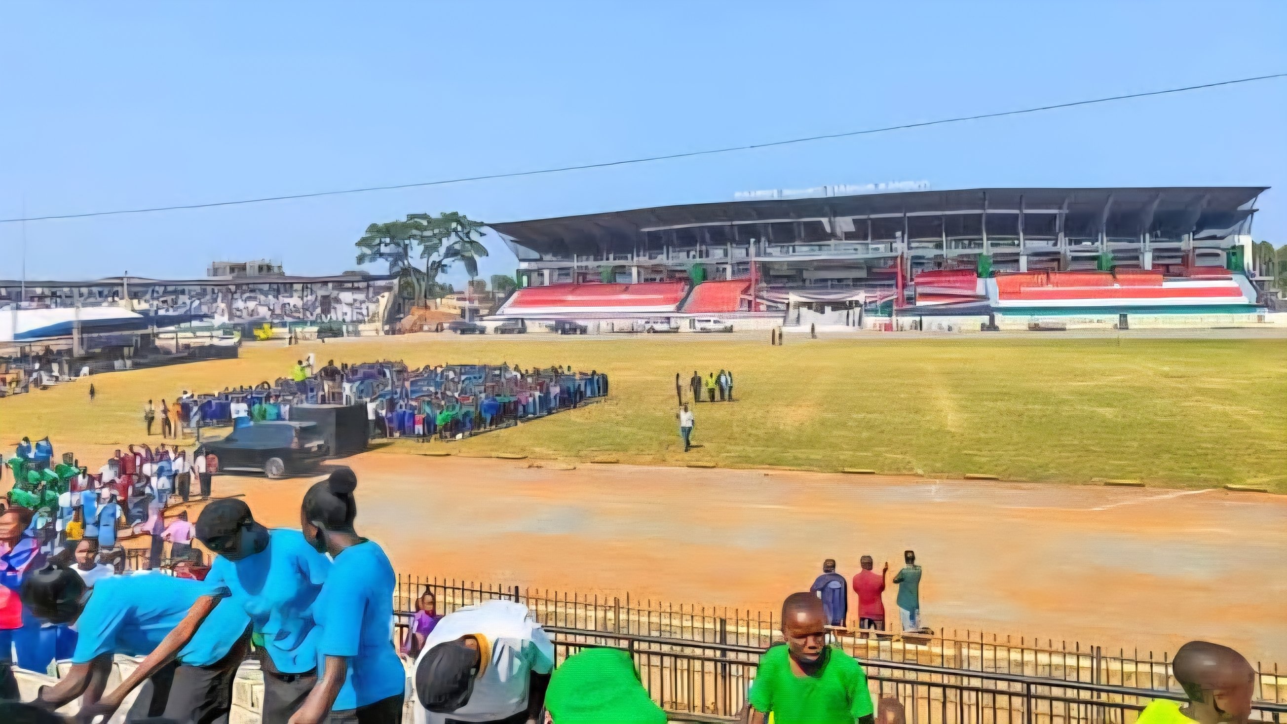 An aerial view of the existing Kidundu Stadium grounds in Vihiga County showing the pitch and surrounding perimeter before planned renovations.