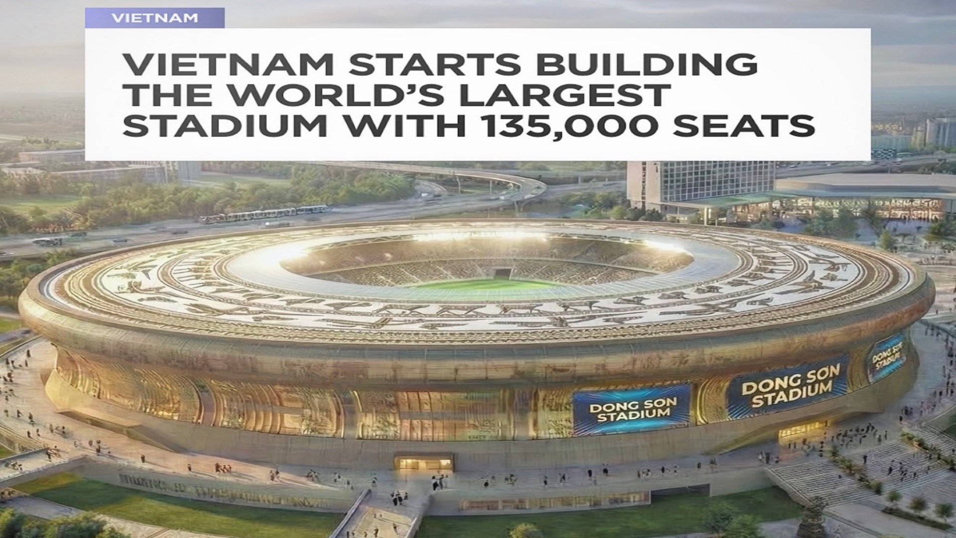 A high-angle architectural rendering of the Trong Dong Stadium in Hanoi, showing its bronze drum-inspired circular design, large LED screens, and surrounding urban parkland.