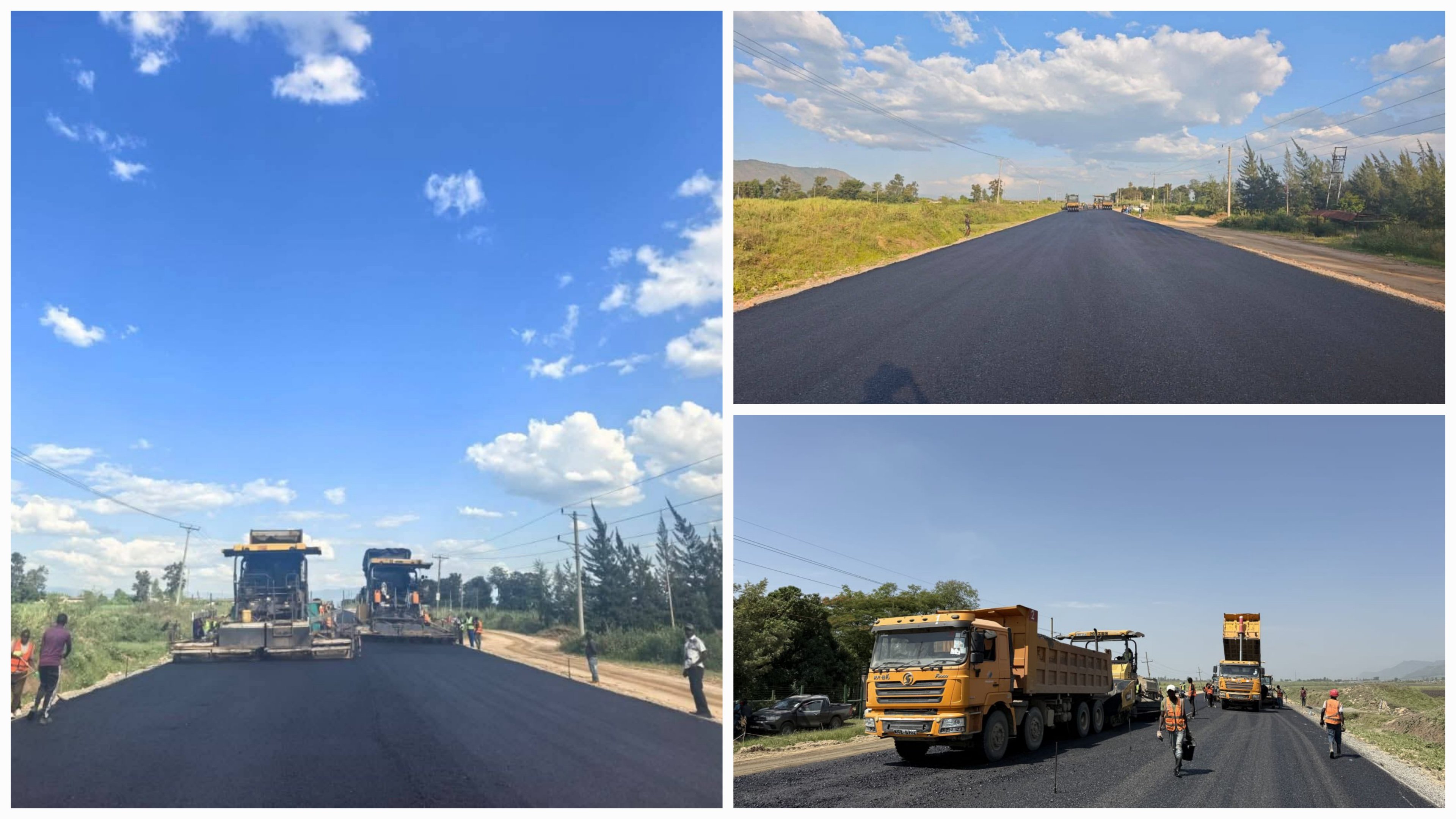Two heavy asphalt paving machines and construction workers laying a new bitumen road surface under a clear blue sky.