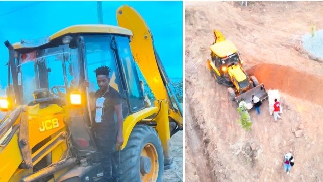 Eric Omondi with a spade scooping soil behind an operating construction machine at the Sisi kwa Sisi Rescue Centre site