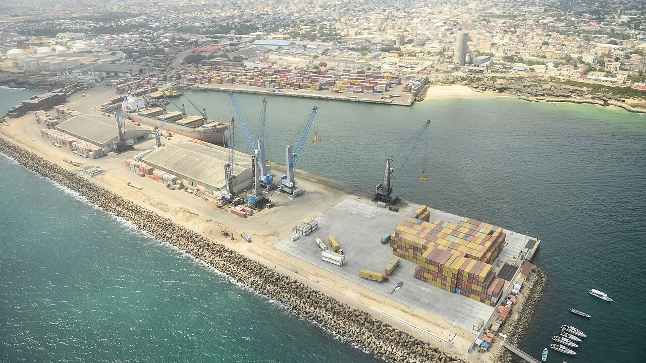 The Port of Mogadishu, Somalia, viewed from the water.
