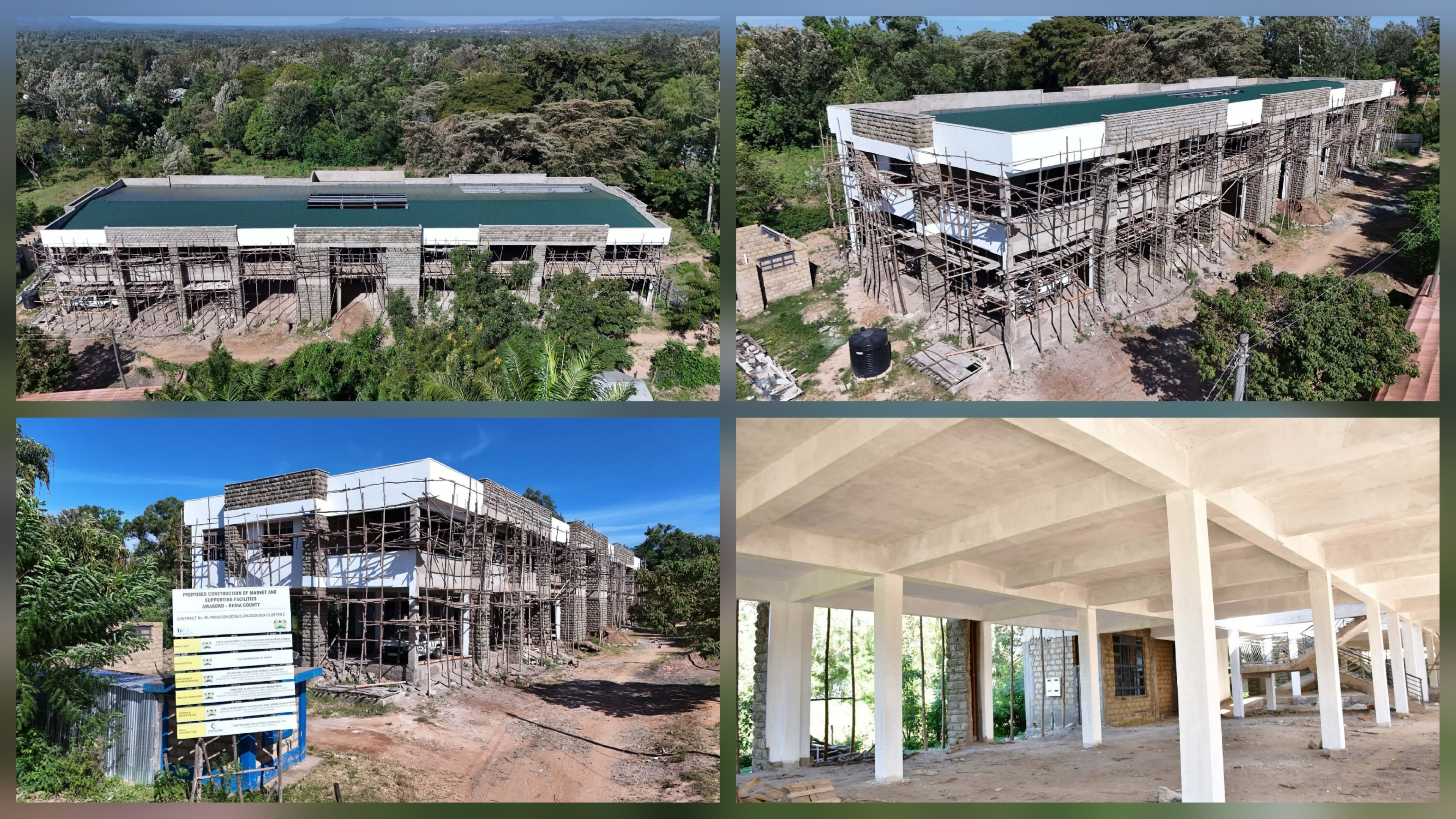 Two single-storey concrete buildings under construction at the Amagoro Market site in Busia County near the Kenya-Uganda border.