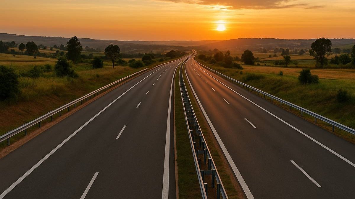 A long multi-lane paved highway stretching toward the horizon at sunset in a rural landscape.