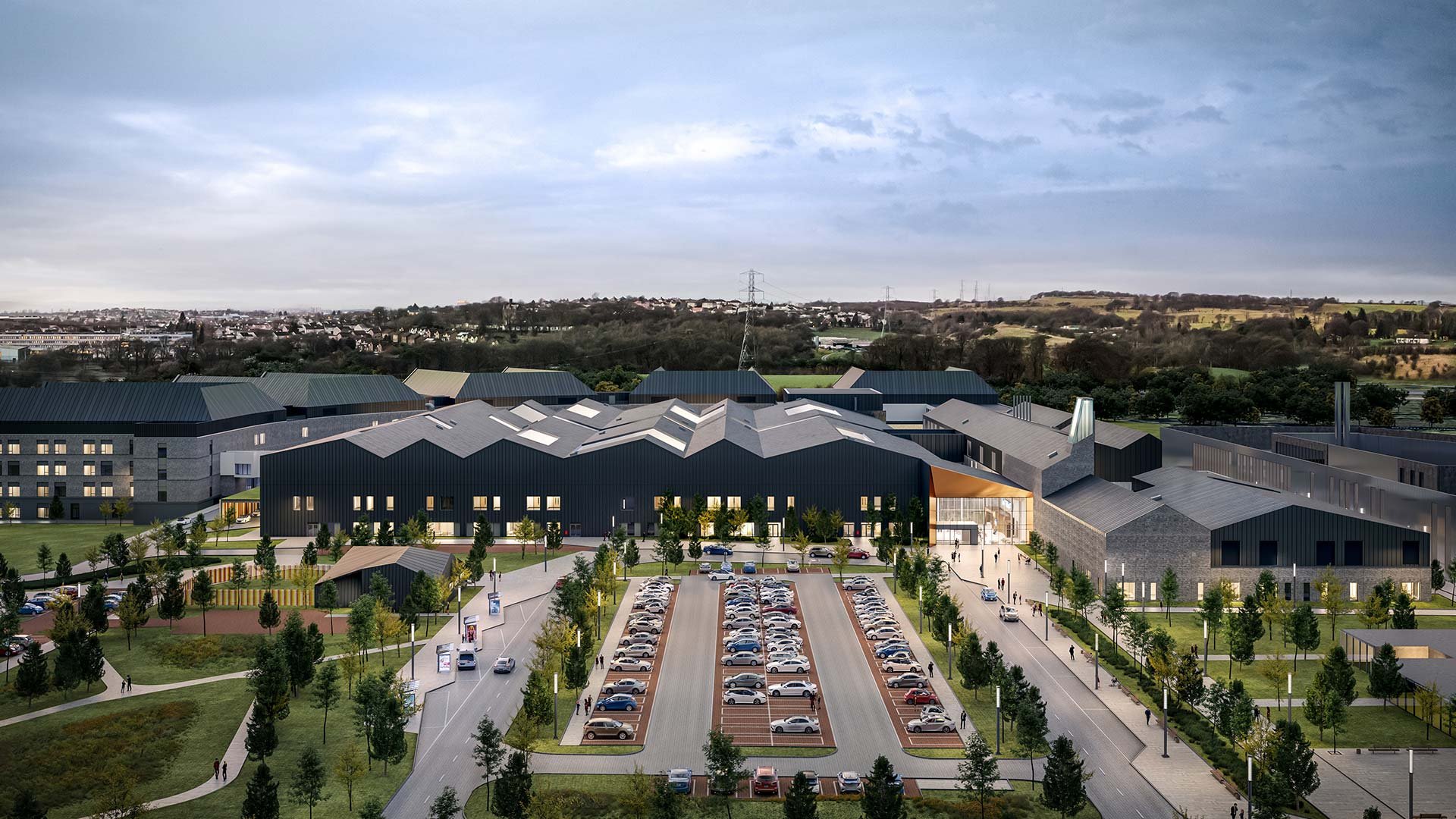 Architectural rendering of the proposed Monklands Replacement Hospital in Lanarkshire, Scotland.