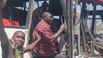 The damaged 45-seater matatu involved in a crash that killed seven people and injured more than 30 others along Emali-Ukia Road in Makueni County.