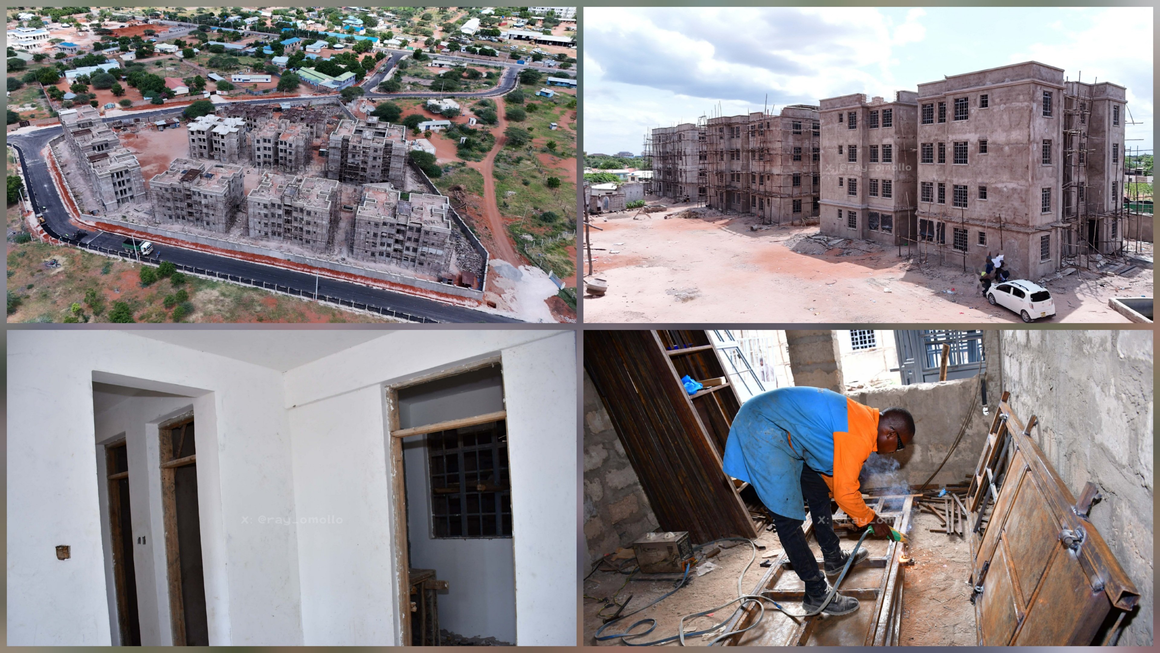 Four panel image showing aerial views of multi-story concrete housing blocks under construction, interior plastering work, and a laborer fitting metallic reinforcing framework on a construction site in Wajir.