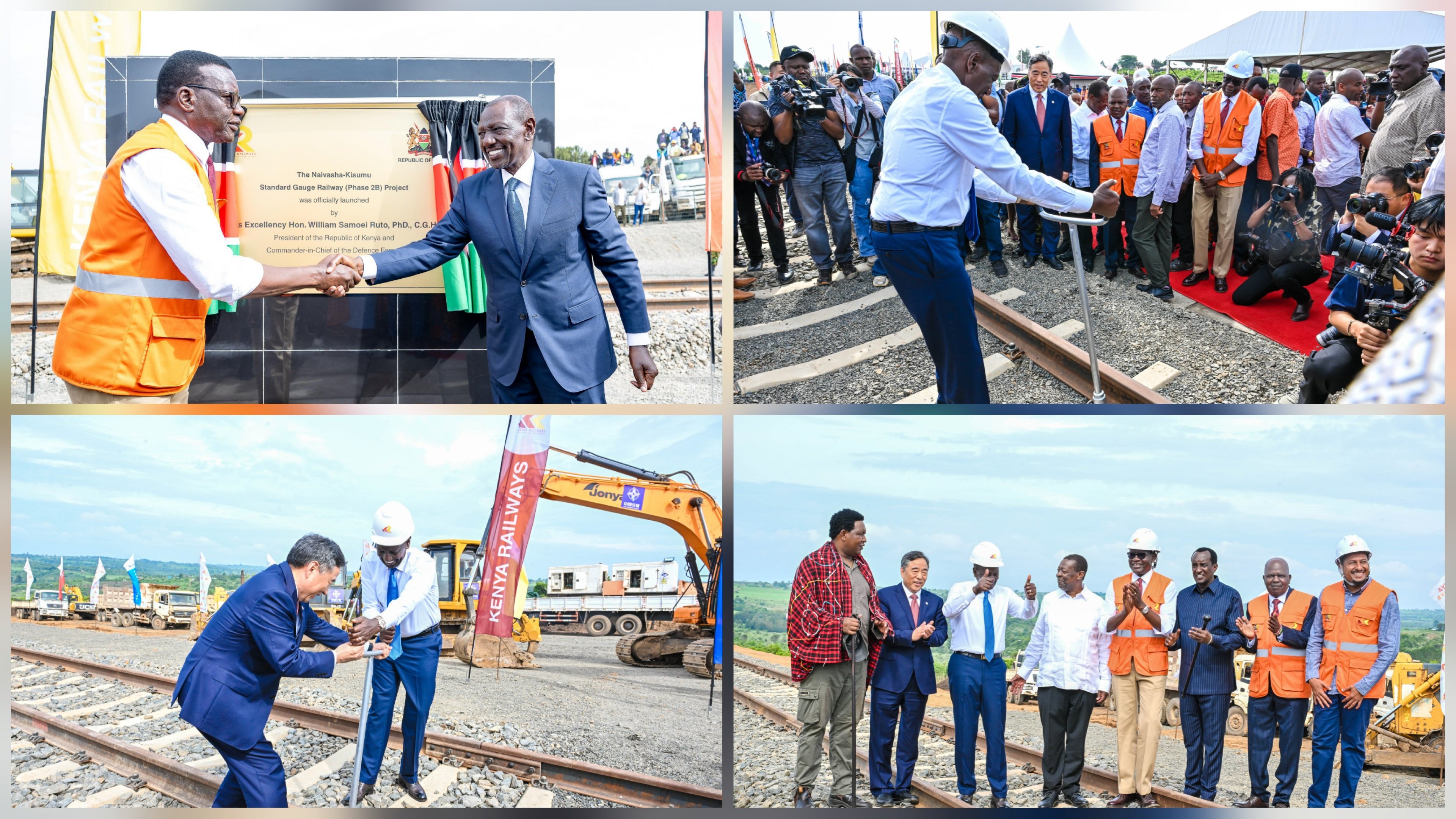 President William Ruto and CS Davis Chirchir launch a commemorative plaque for the Naivasha-Kisumu SGR Phase 2B project.