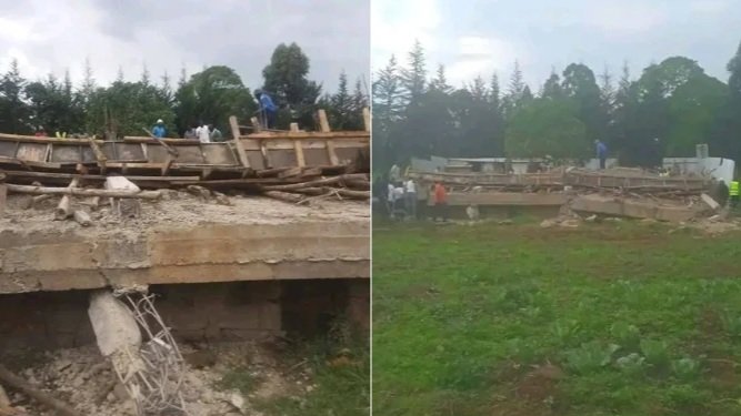 A wide shot showing the flattened remains of a multi-storey concrete building under construction in Kericho, with onlookers standing near the debris.