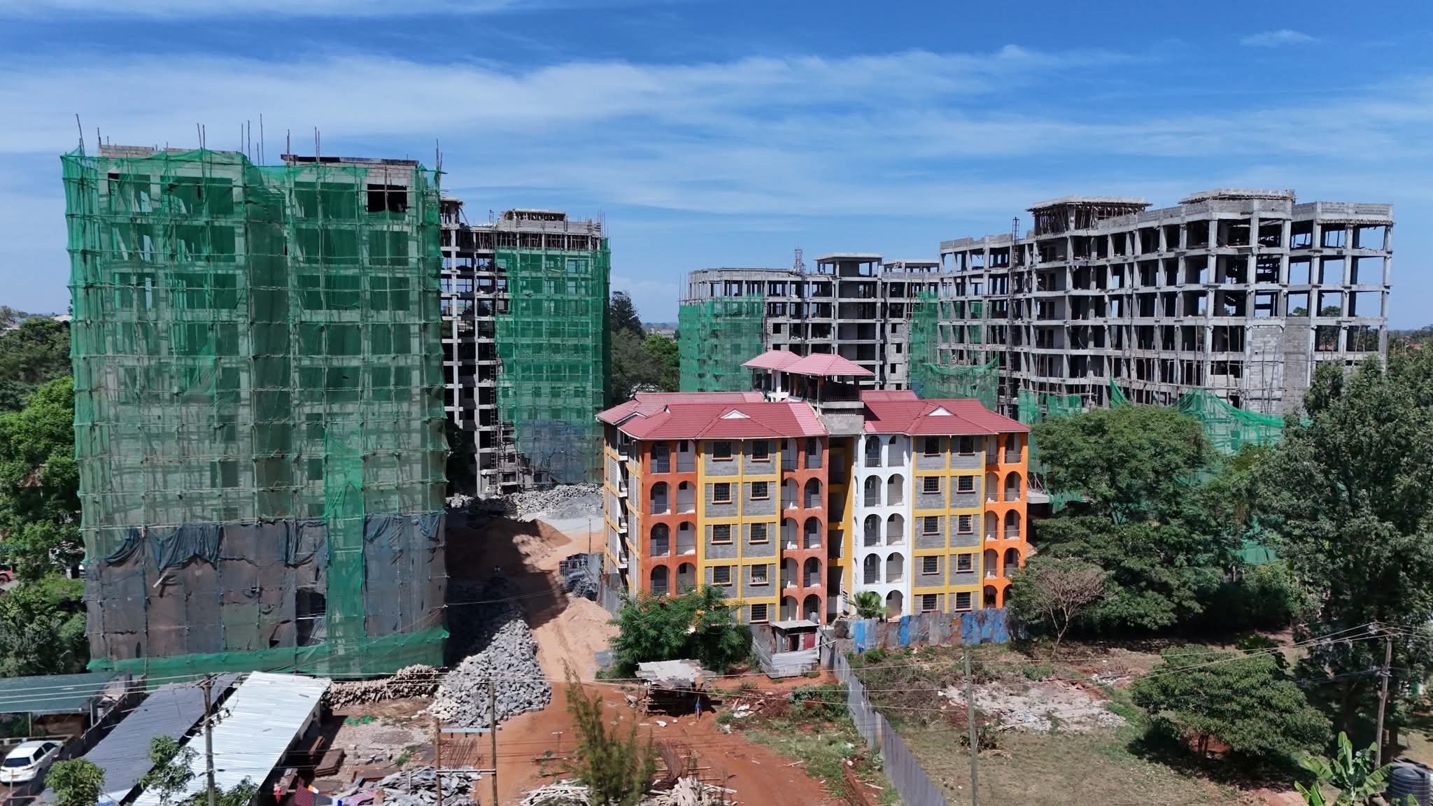 Exterior view of multi-storey residential blocks under construction at the Thika Depot Affordable Housing Project site in Kiambu County.