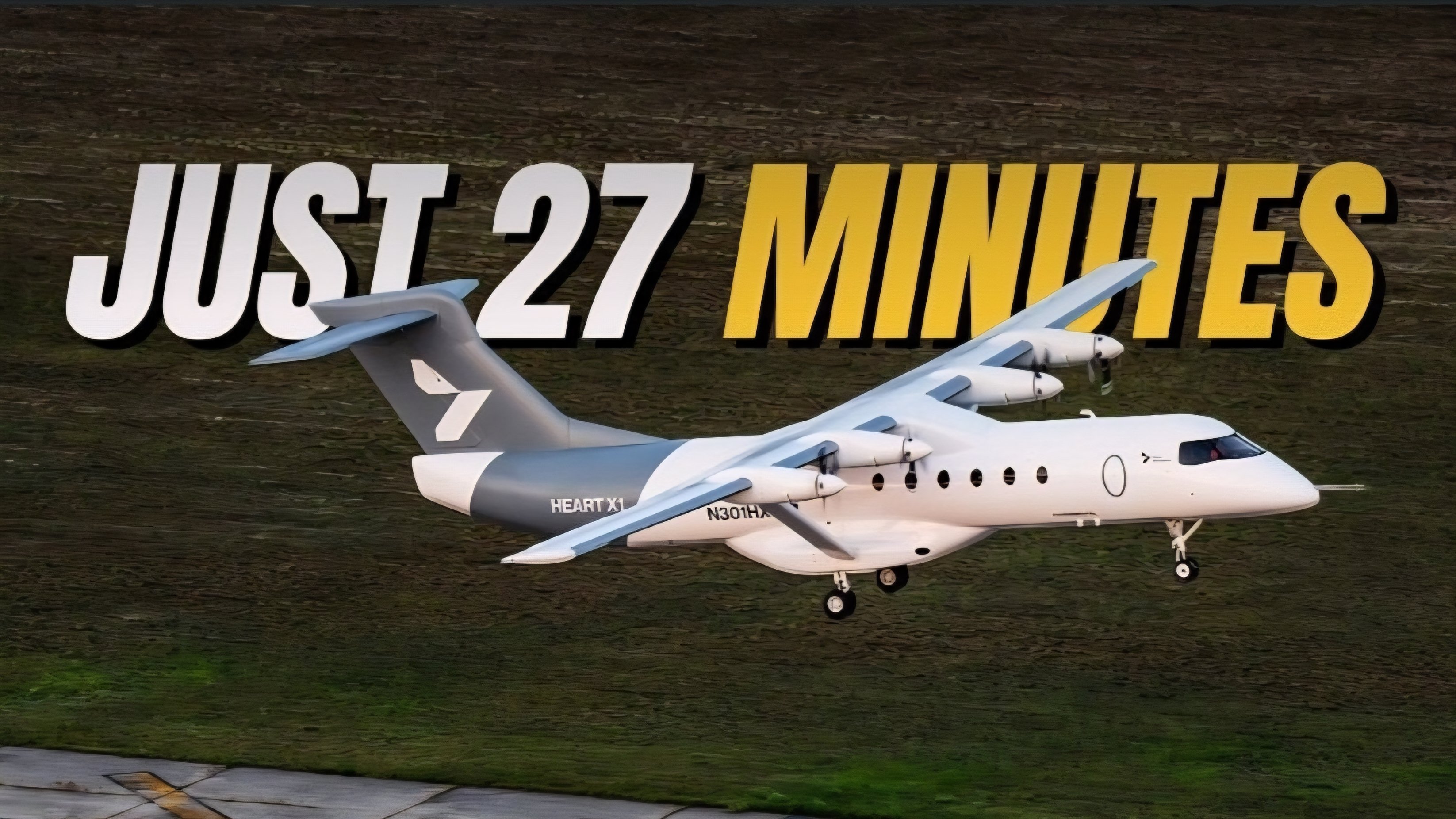 A twin-turboprop regional aircraft flying over a rural field during daytime testing.