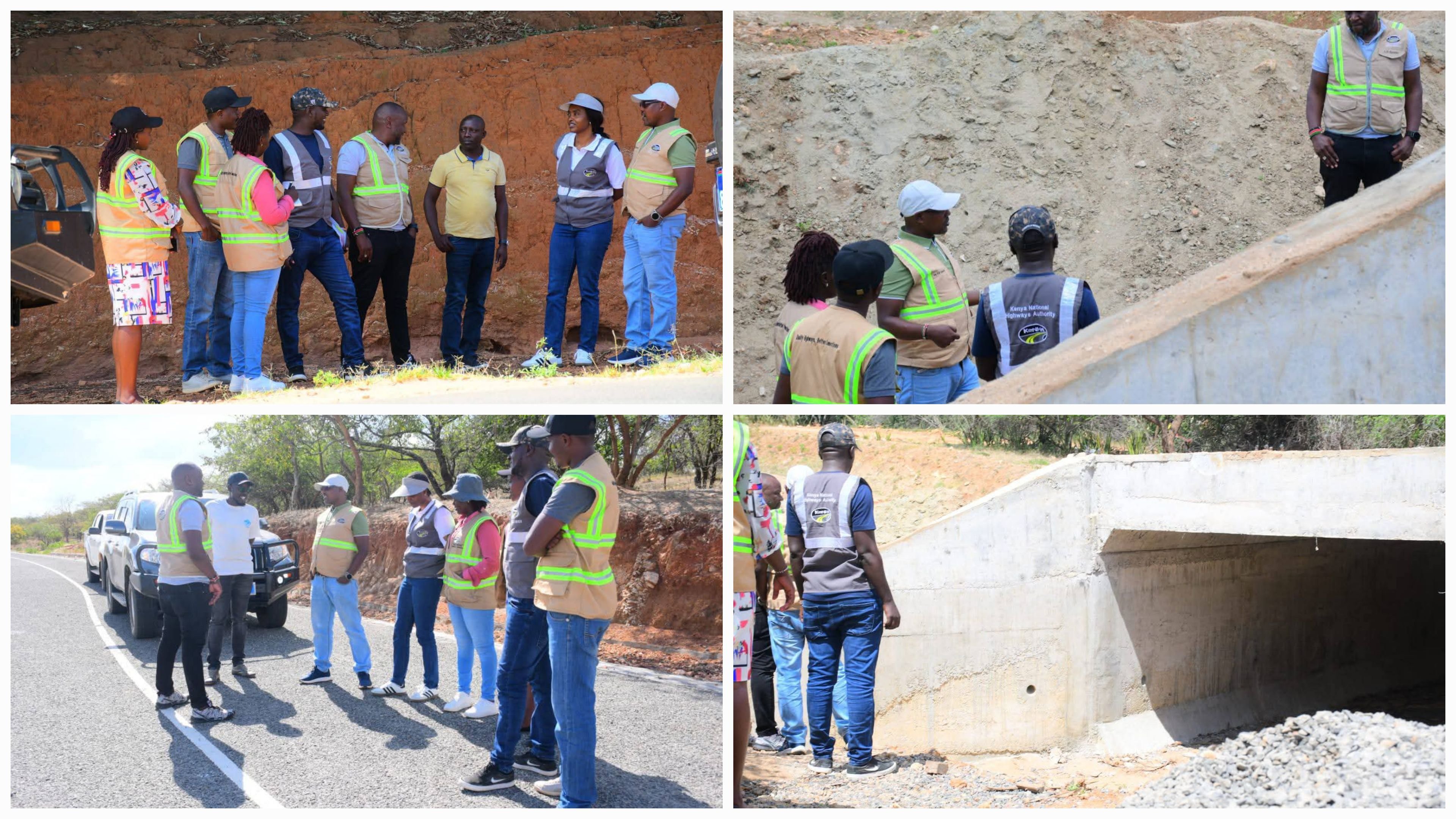 KeNHA engineers led by Eng. Philemon Kipkoech inspecting a road project in the North Rift region.