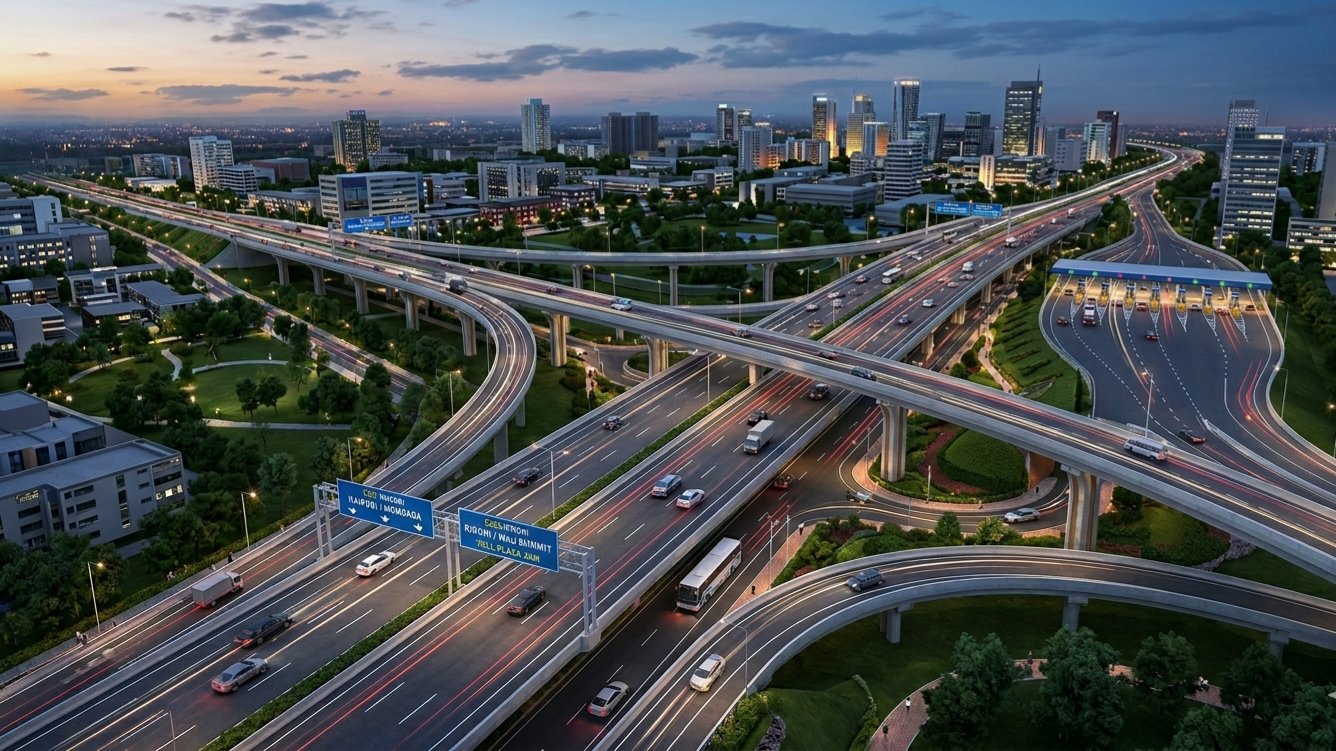 A professional architectural rendering of a multi-lane highway interchange with modern signage and green landscaping in a Kenyan urban setting.