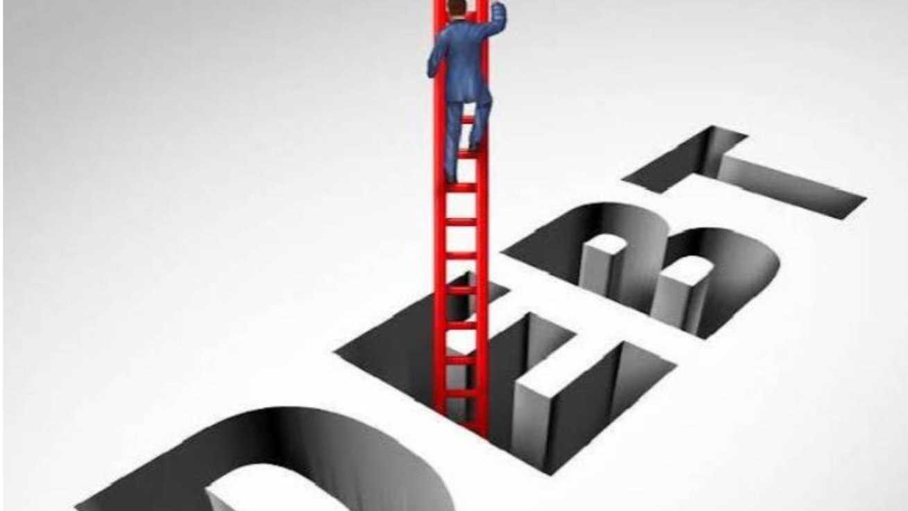 Illustration of a business executive climbing a red ladder out of a large word reading DEBT.