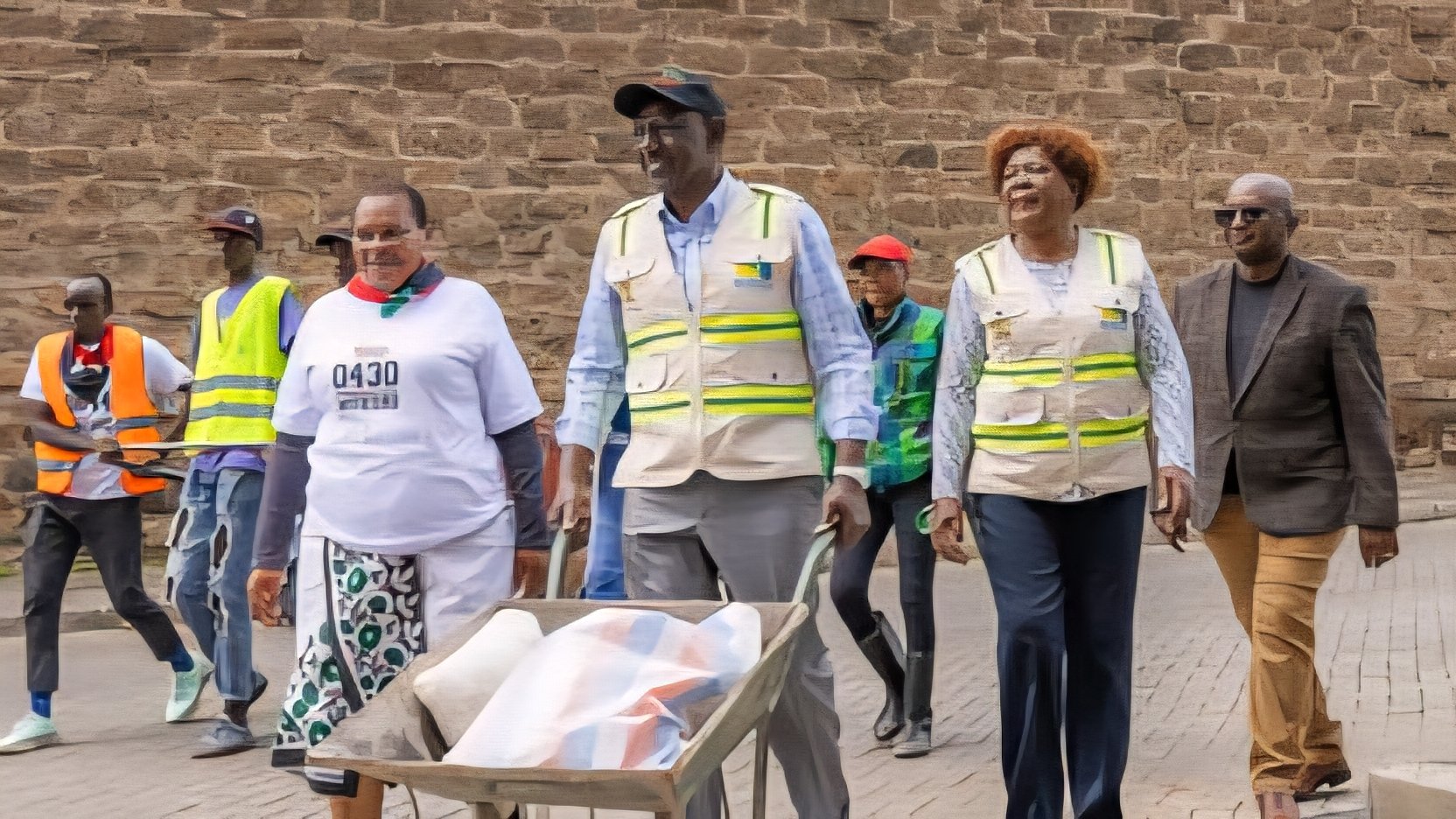 President William Ruto wearing a high-visibility construction vest and cap while pushing a wheelbarrow at an affordable housing project site in Kenya.