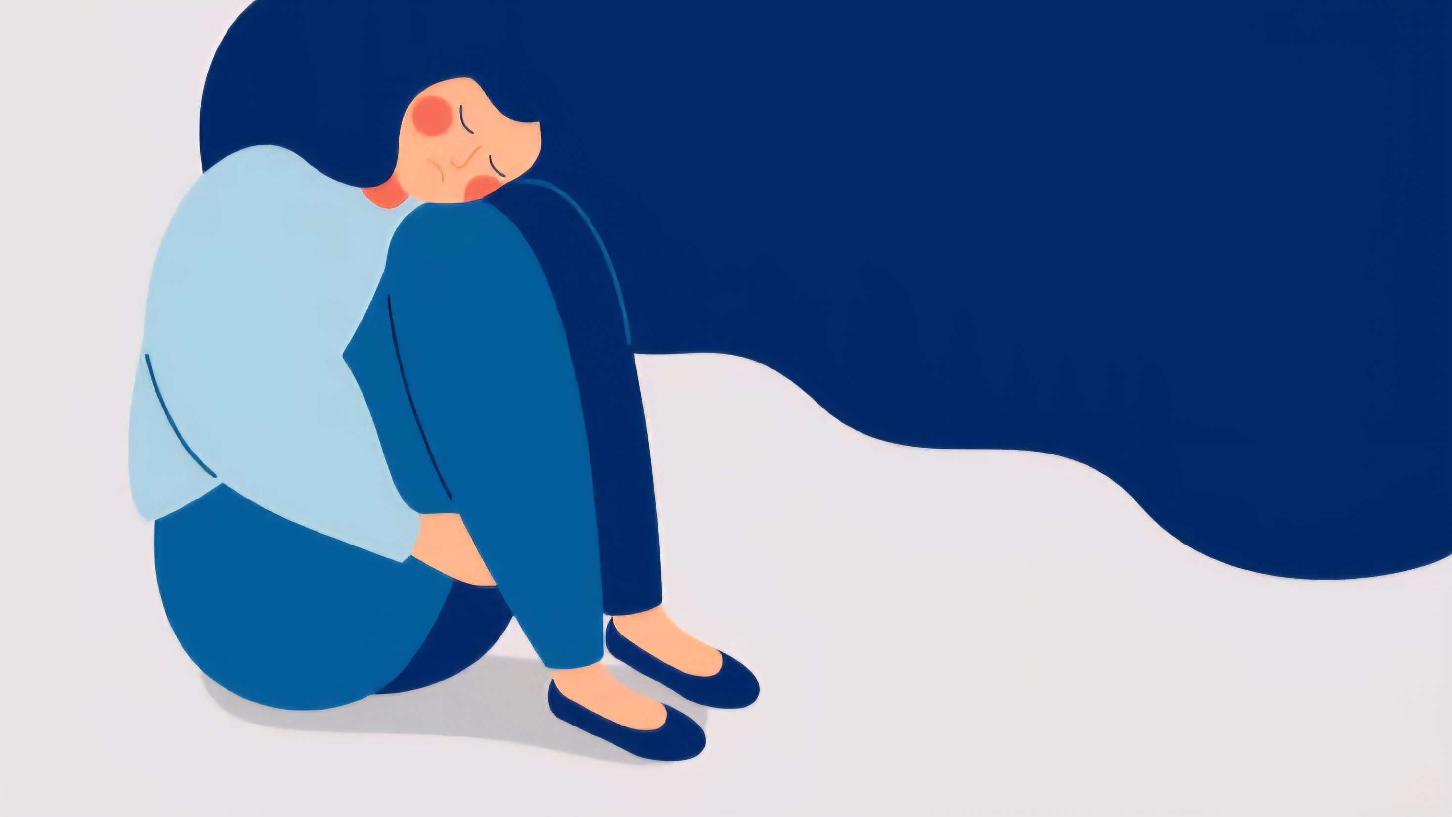 Minimalist illustration of a person sitting in a crouched position with their head down, symbolizing grief and emotional distress.
