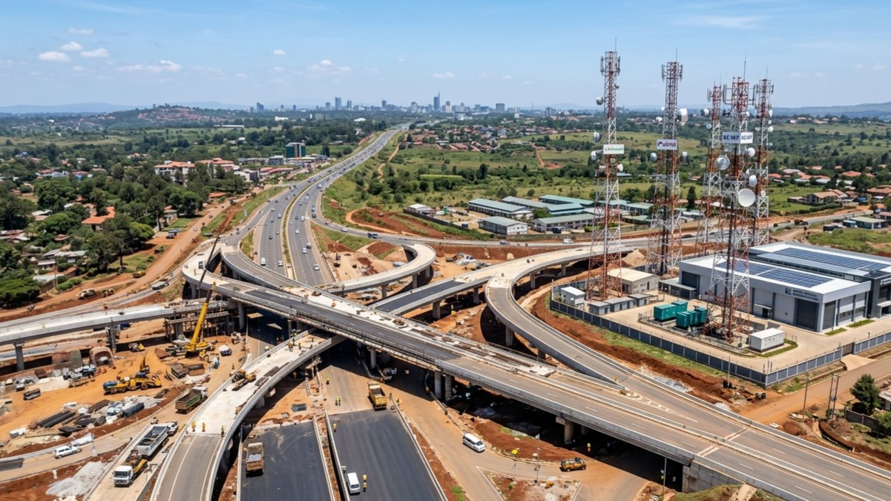 Aerial view of a modern construction site in Kenya showing a highway interchange and nearby digital infrastructure towers under a clear sky.
