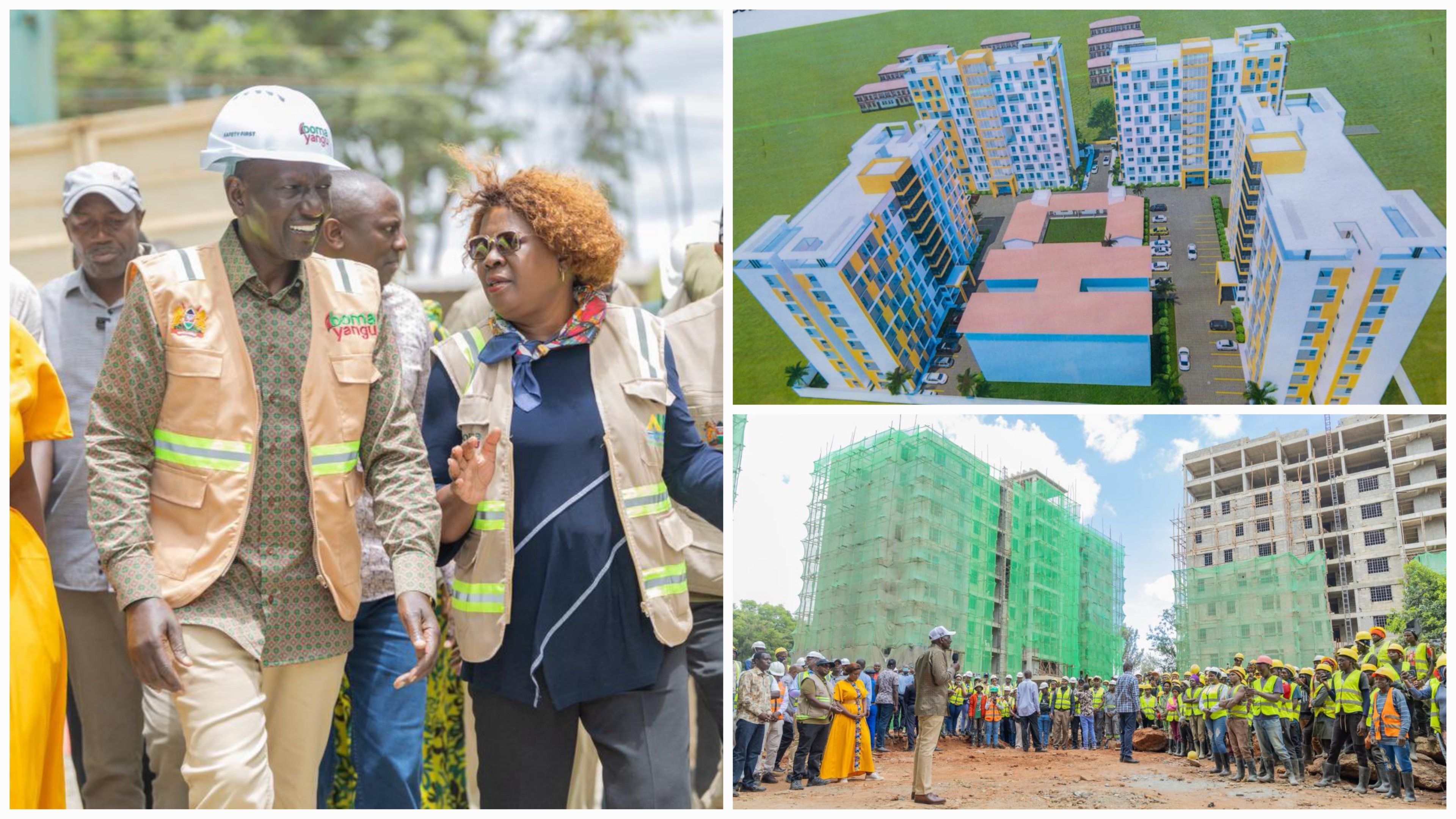 A low-angle shot of a multi-story residential building under construction in Thika, showing green safety netting and concrete frameworks with workers on the upper levels.
