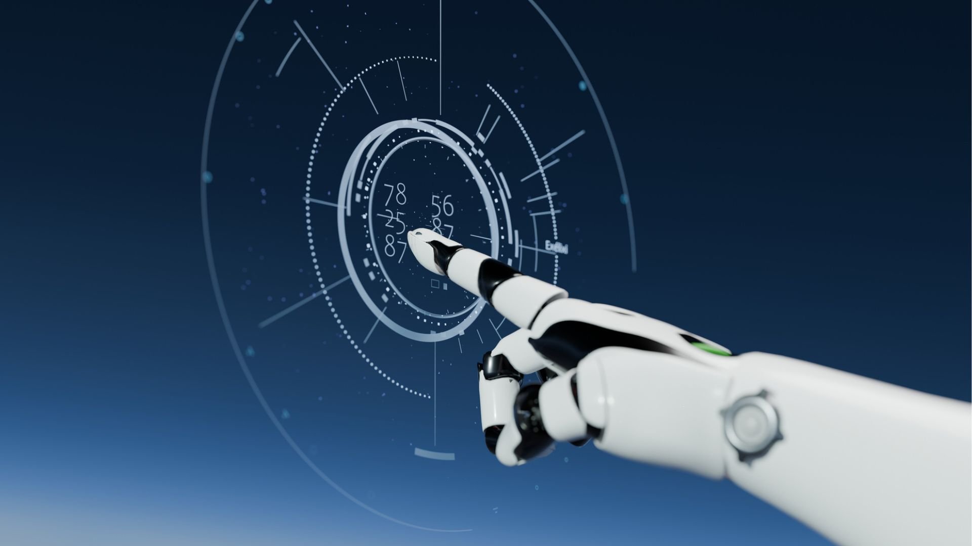 Close-up digital visualization from file 291808.jpg showing a white robotic finger interacting with a glowing circular interface against a blue background.