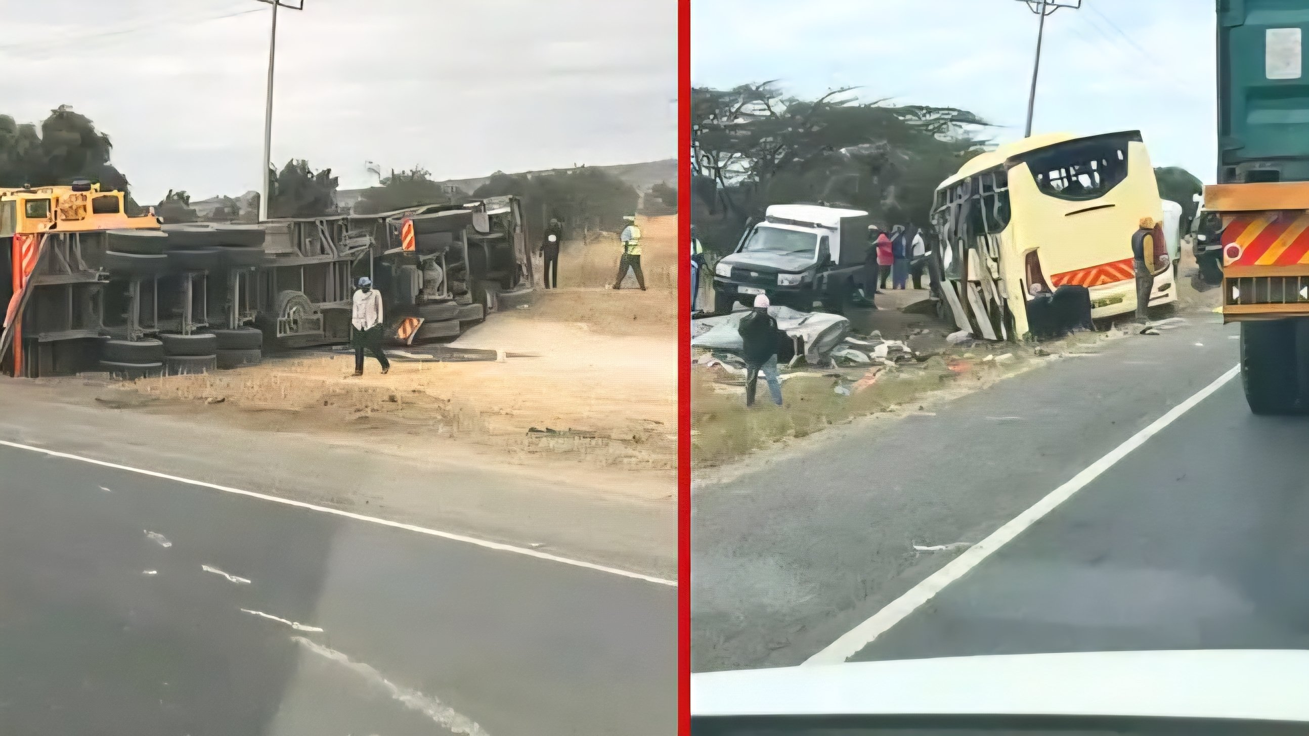 Wreckage of a yellow passenger bus and an overturned commercial lorry on the side of a paved highway.