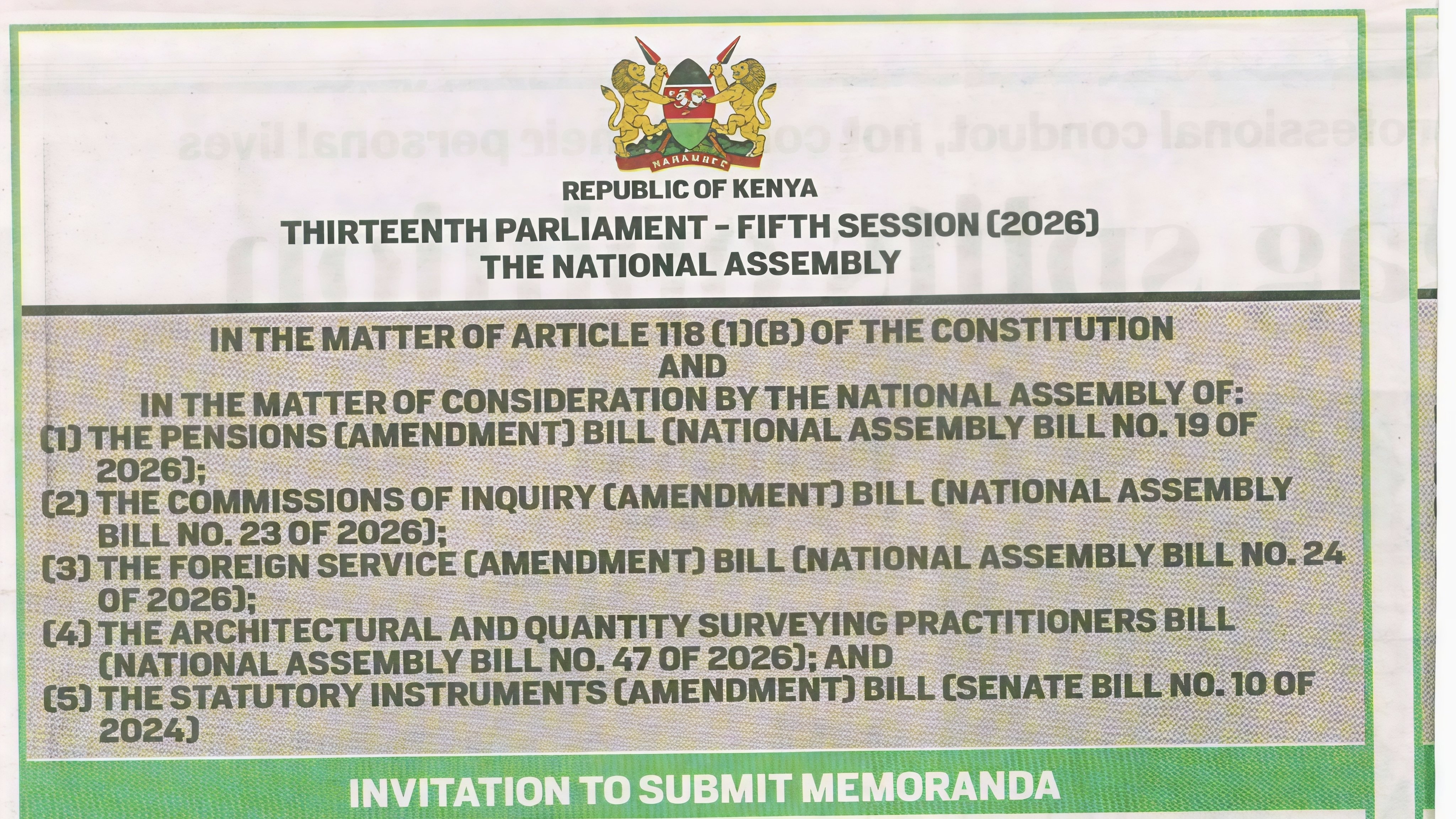 Copy of the National Assembly's official notice inviting public memoranda on the Architectural and Quantity Surveying Practitioners Bill.
