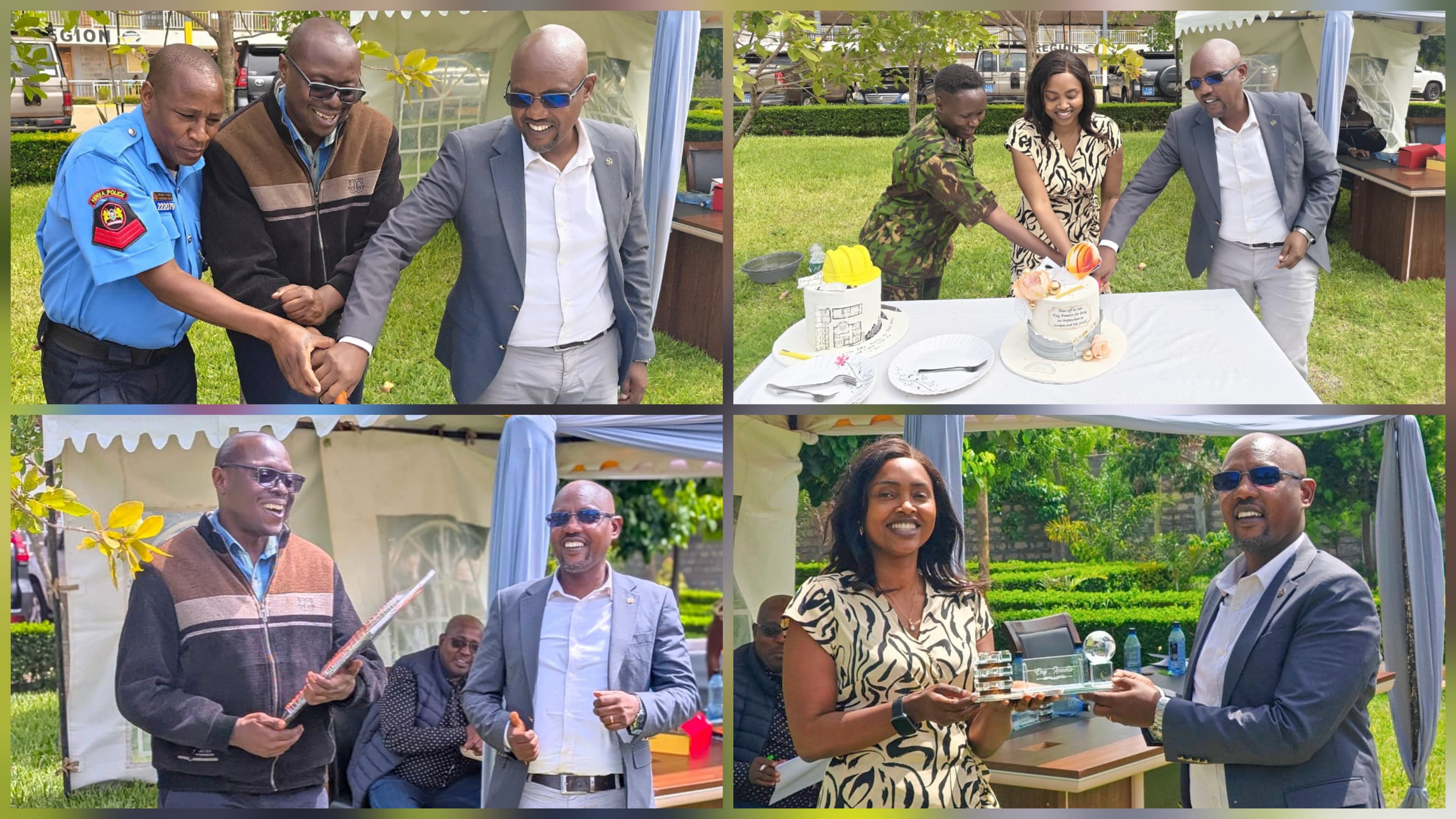 A multi-panel image showing KeNHA officials and engineers Benjamin Anambo and Ingaiza Annette during a farewell ceremony in the North Rift region.