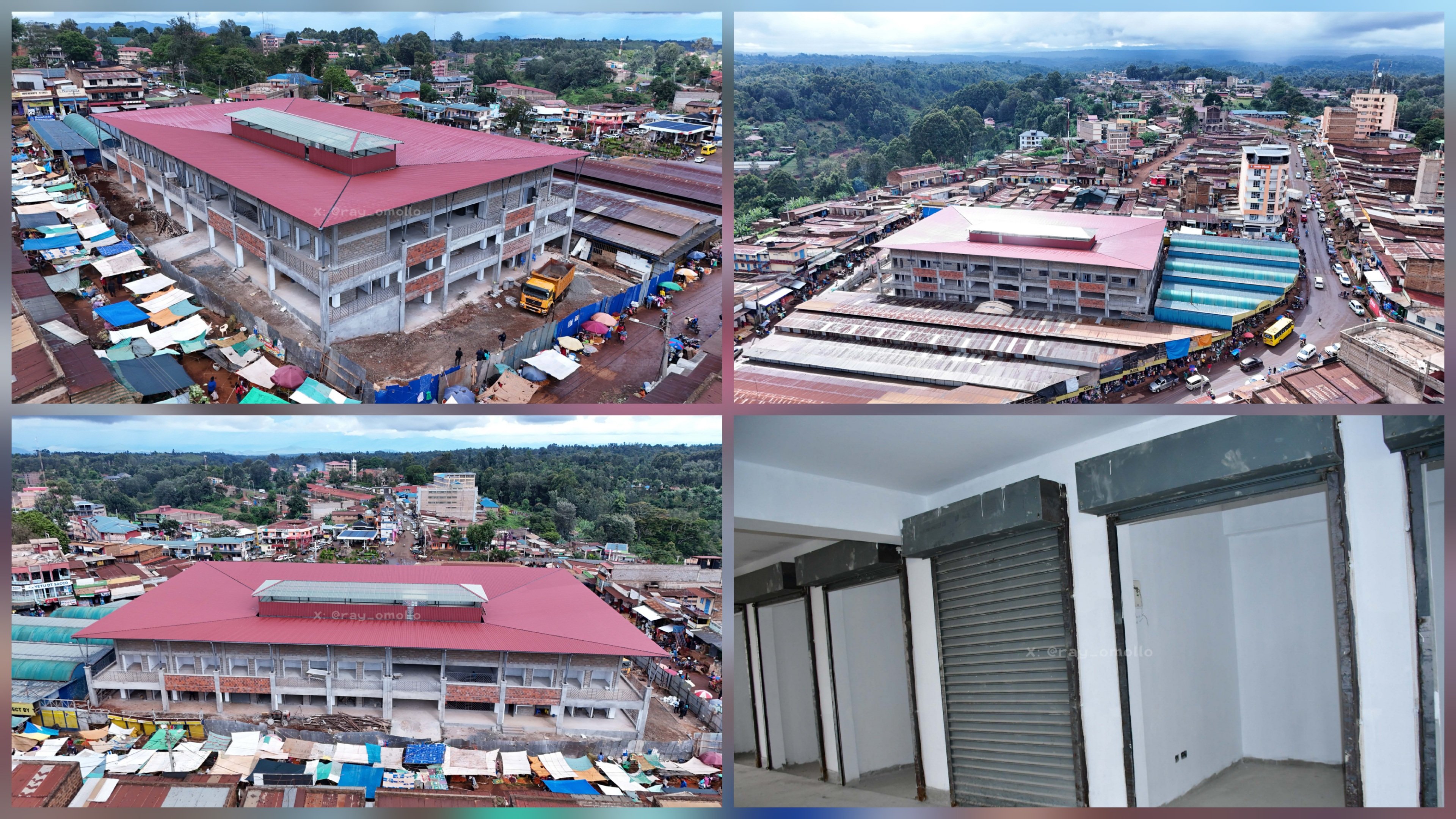 Aerial view of the Chuka Modern Market showing a large three-story building with a red roof under construction in a town setting.