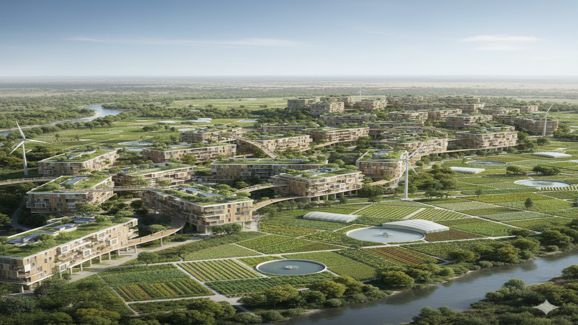 Conceptual design of the KES 39 billion 'Organic City' development in Tana River, Kenya, illustrating sustainable residential buildings integrated with organic farmlands