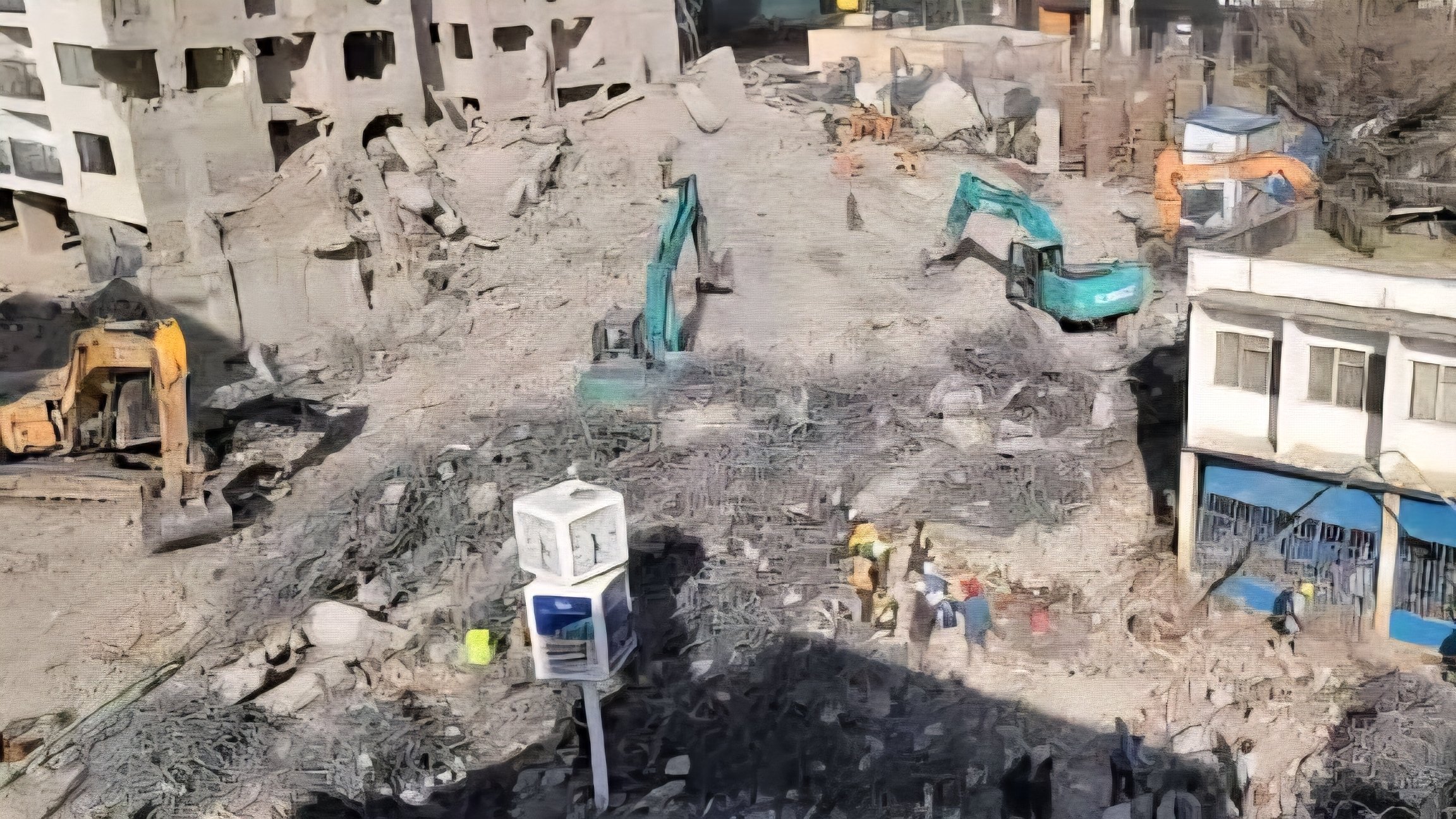 A construction site in Kenya showing excavators and workers clearing debris from a collapsed multi-story building.