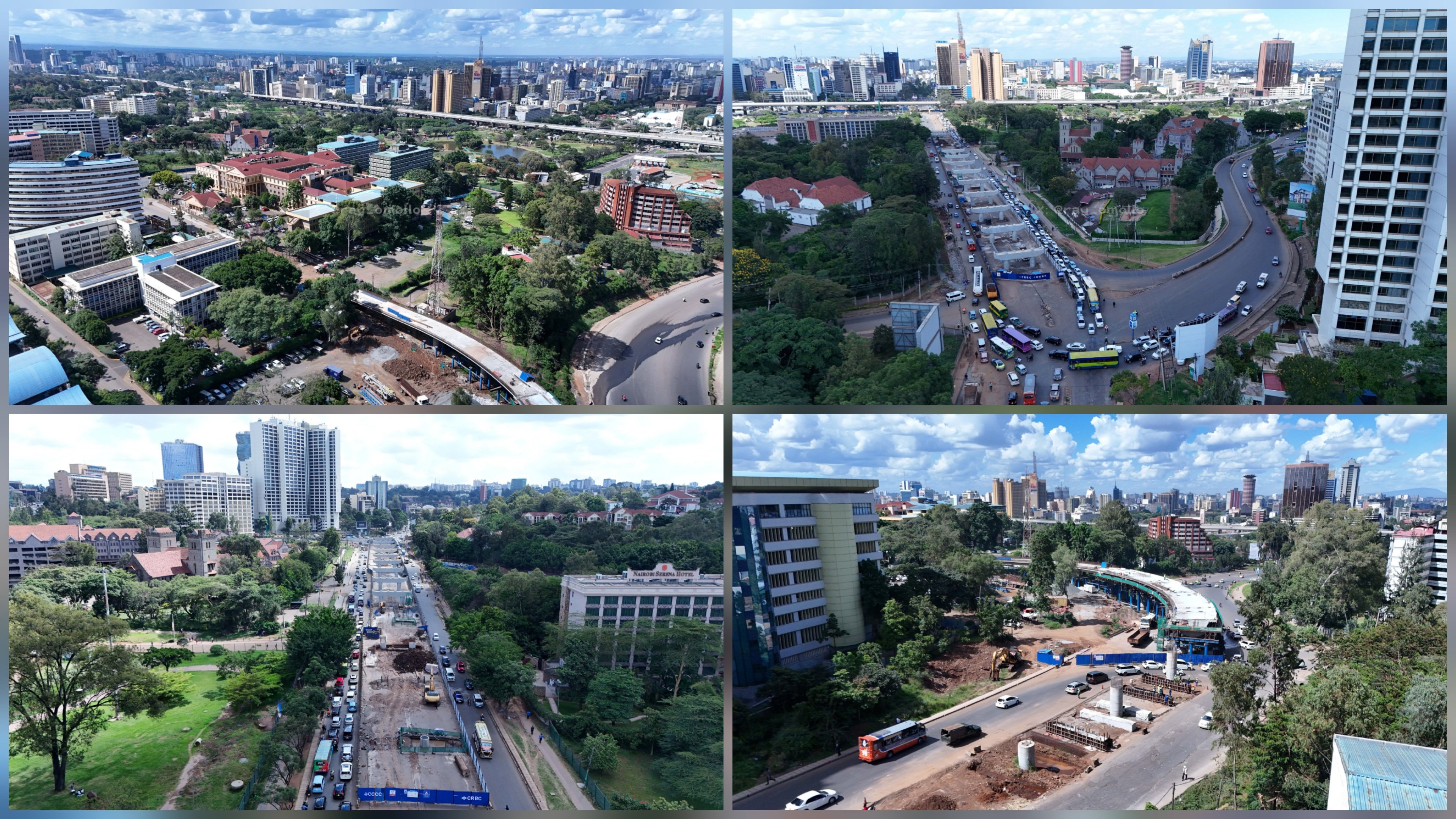 Aerial view of the Kenyatta Avenue Viaduct construction site in Nairobi showing reinforced concrete piers and elevated deck sections near the NHIF Building.