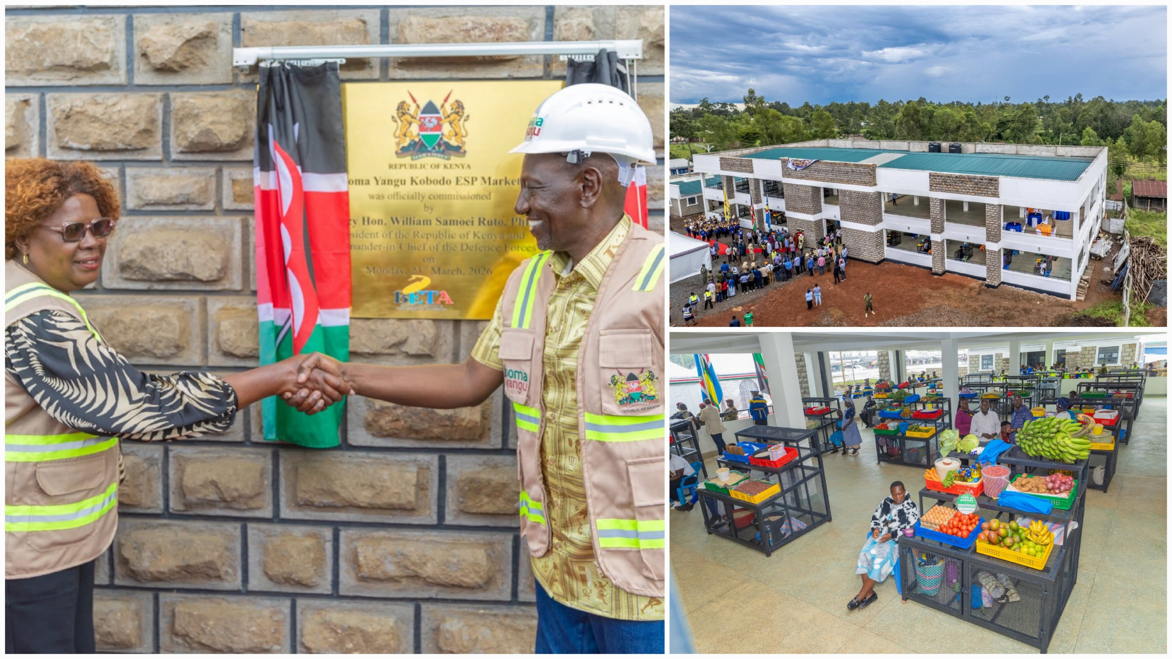 Aerial and ground-level views of the Boma Yangu Kobodo Modern Market in Homa Bay, showing the multi-story white and grey building, interior trading stalls, and President Ruto at the unveiling ceremony.