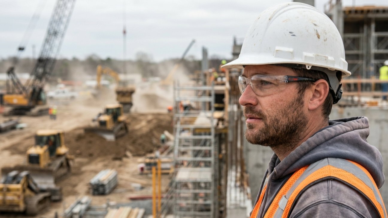 A close-up, side-profile shot of a construction worker wearing a high-visibility vest and a hard hat, looking out over a busy job site with a thoughtful, hesitant expression.