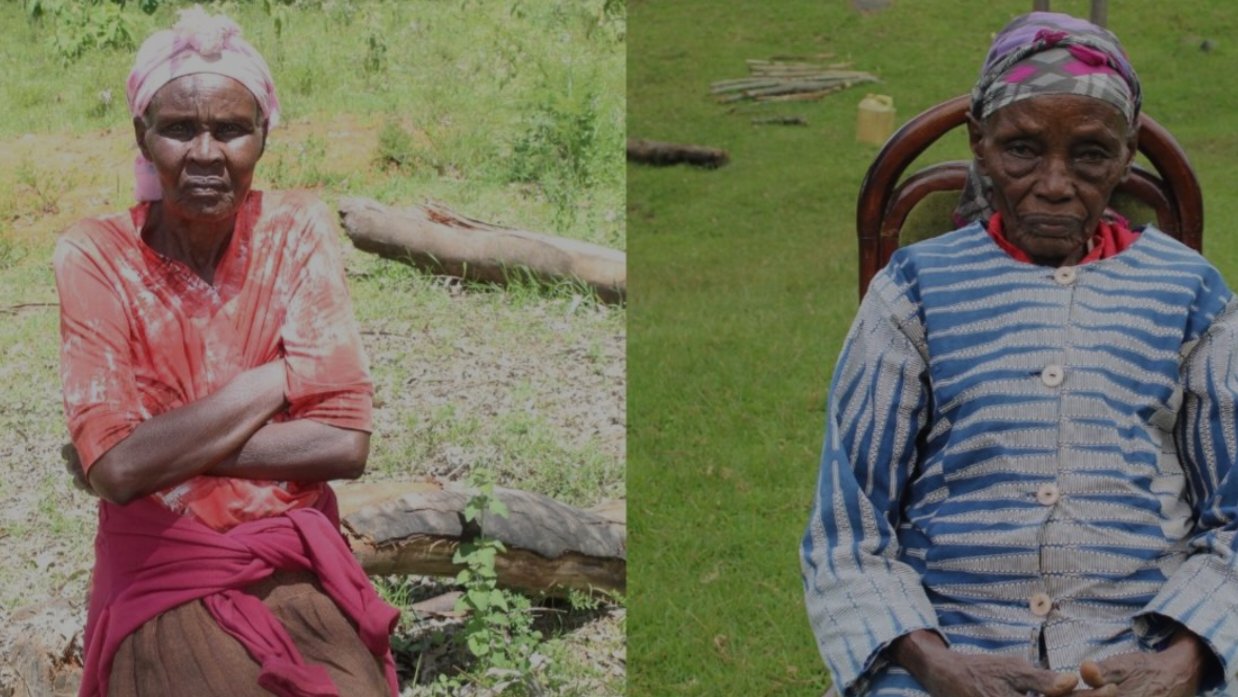 Split screen photo showing two elderly Kenyan widows sitting outdoors in Uasin Gishu County, looking ahead with somber expressions.