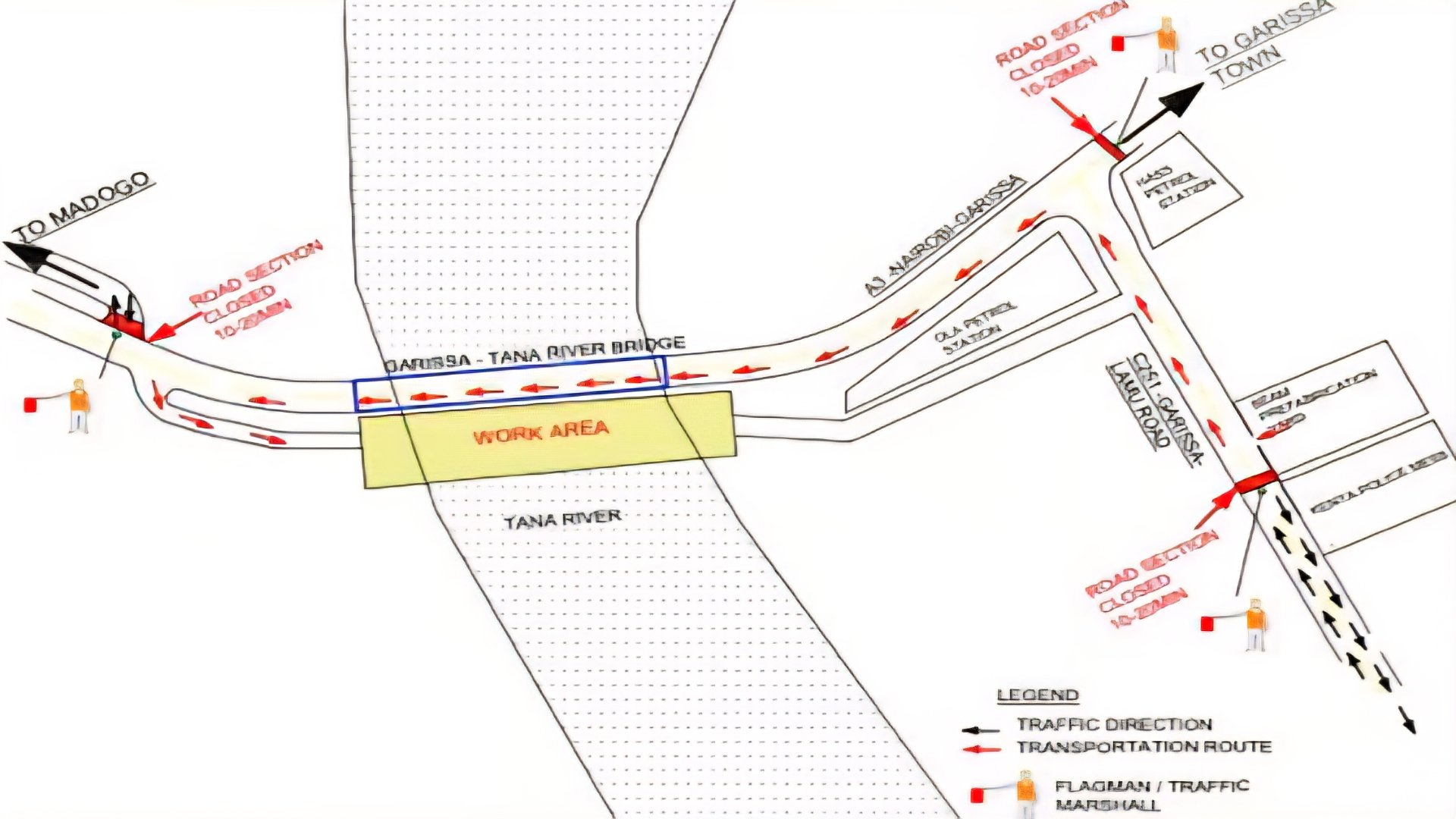 A technical traffic management map showing the work area at the Tana River Bridge and designated locations for flagmen and road closures on the A3 Road.