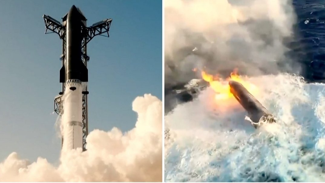 Starship spacecraft rests in the Indian Ocean following controlled re-entry and landing burn, July 24 2026. The test flight achieved multiple objectives including satellite deployment and engine relight.