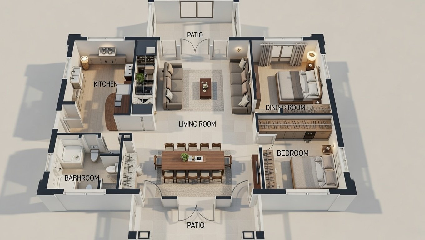 3D isometric render of modern house floor plan layout