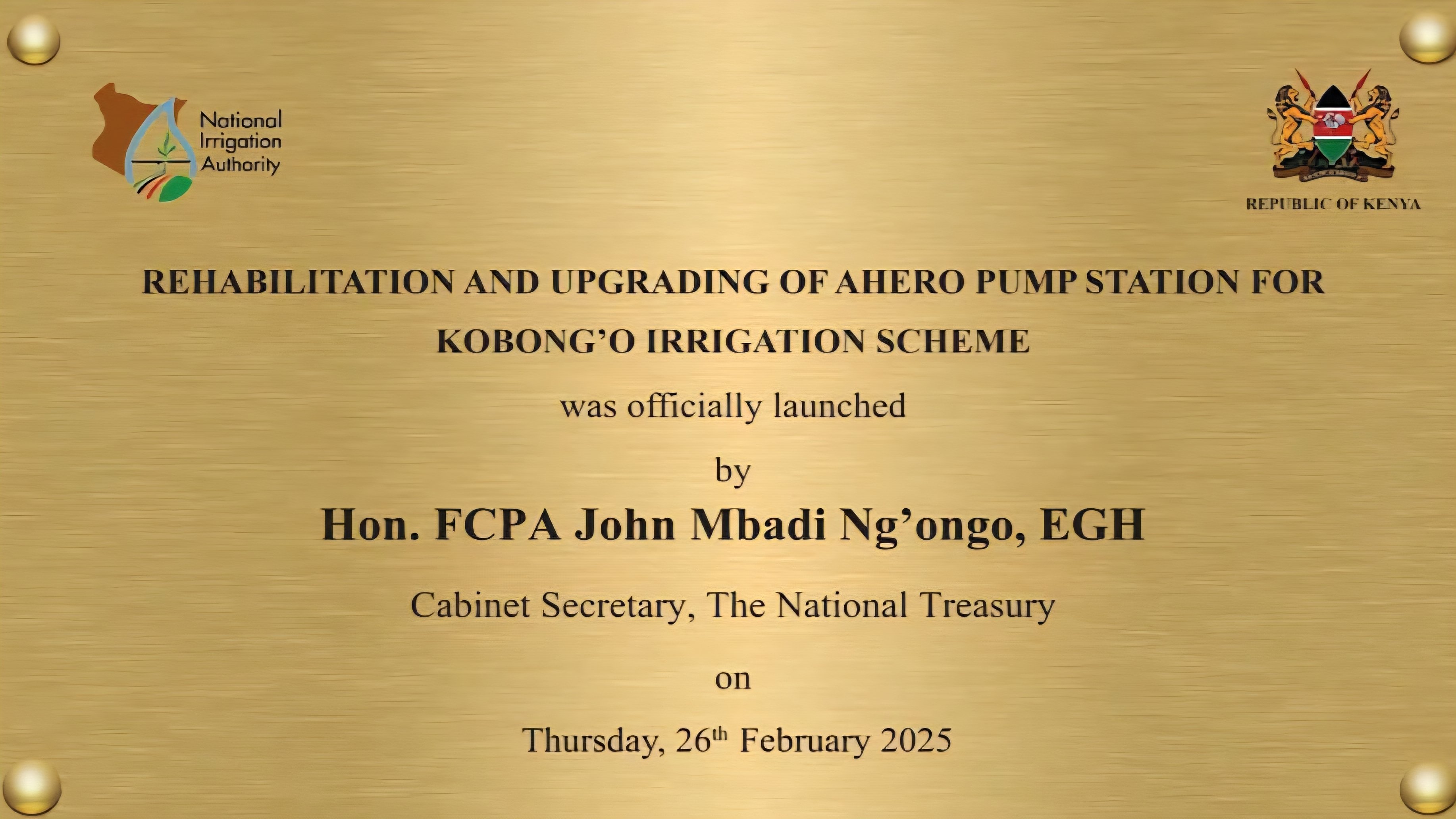 Official plaque for e launch ceremony of the KES 650 million solar-powered irrigation project at Ahero Pump Station in Kisumu County.