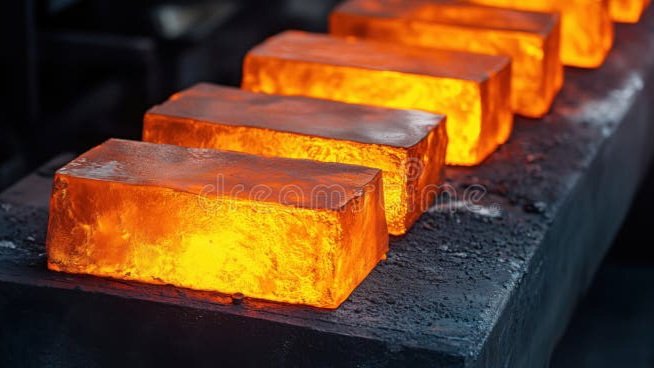 A close-up view of a glowing, heated metal slab being processed in an industrial forge, representing the thermal treatment of materials.