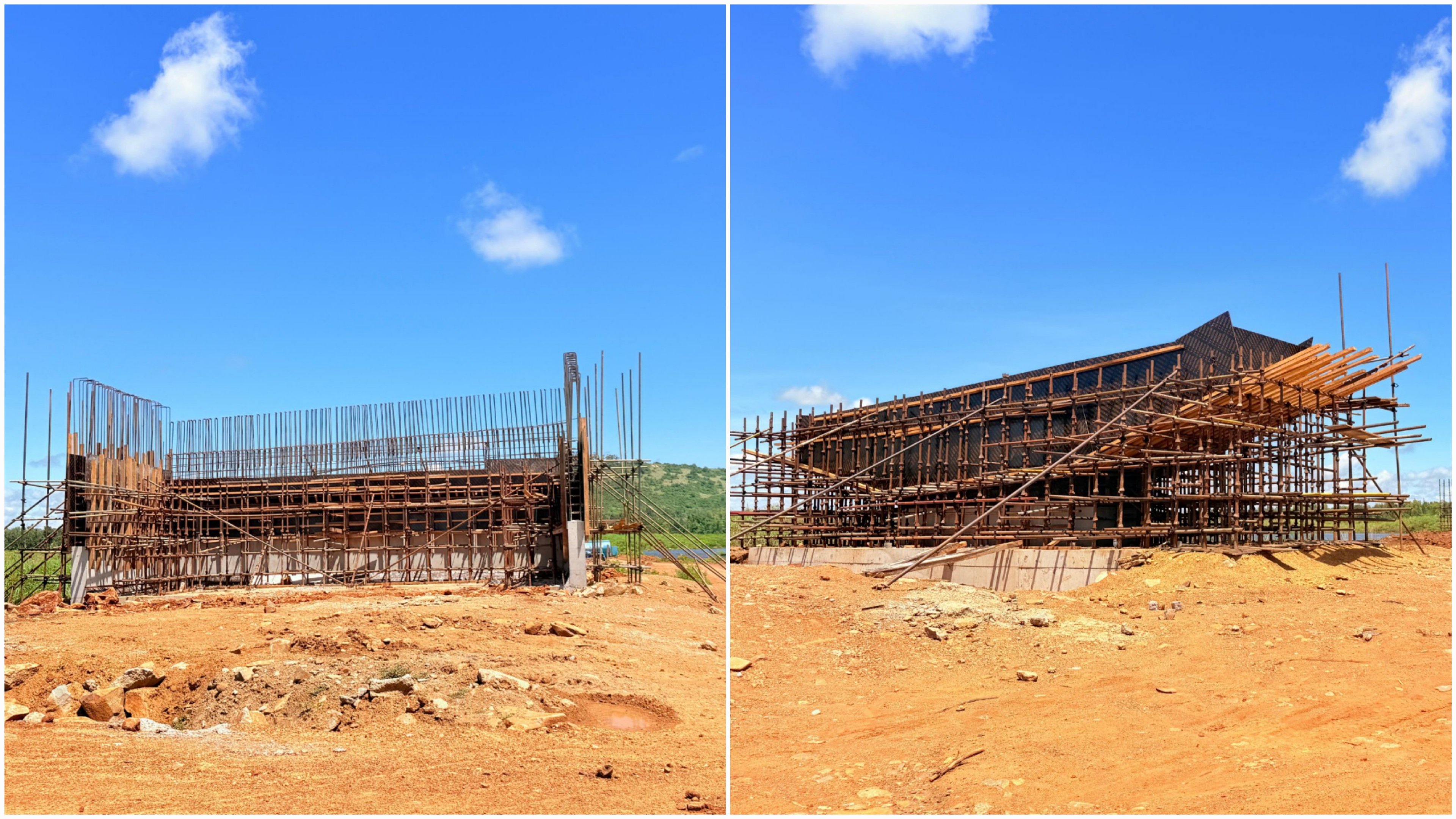 Construction workers and scaffolding visible at the Dhogoye Bridge site in Bondo, where the Kenya National Highways Authority has reached 58% completion on the 200-metre structure.