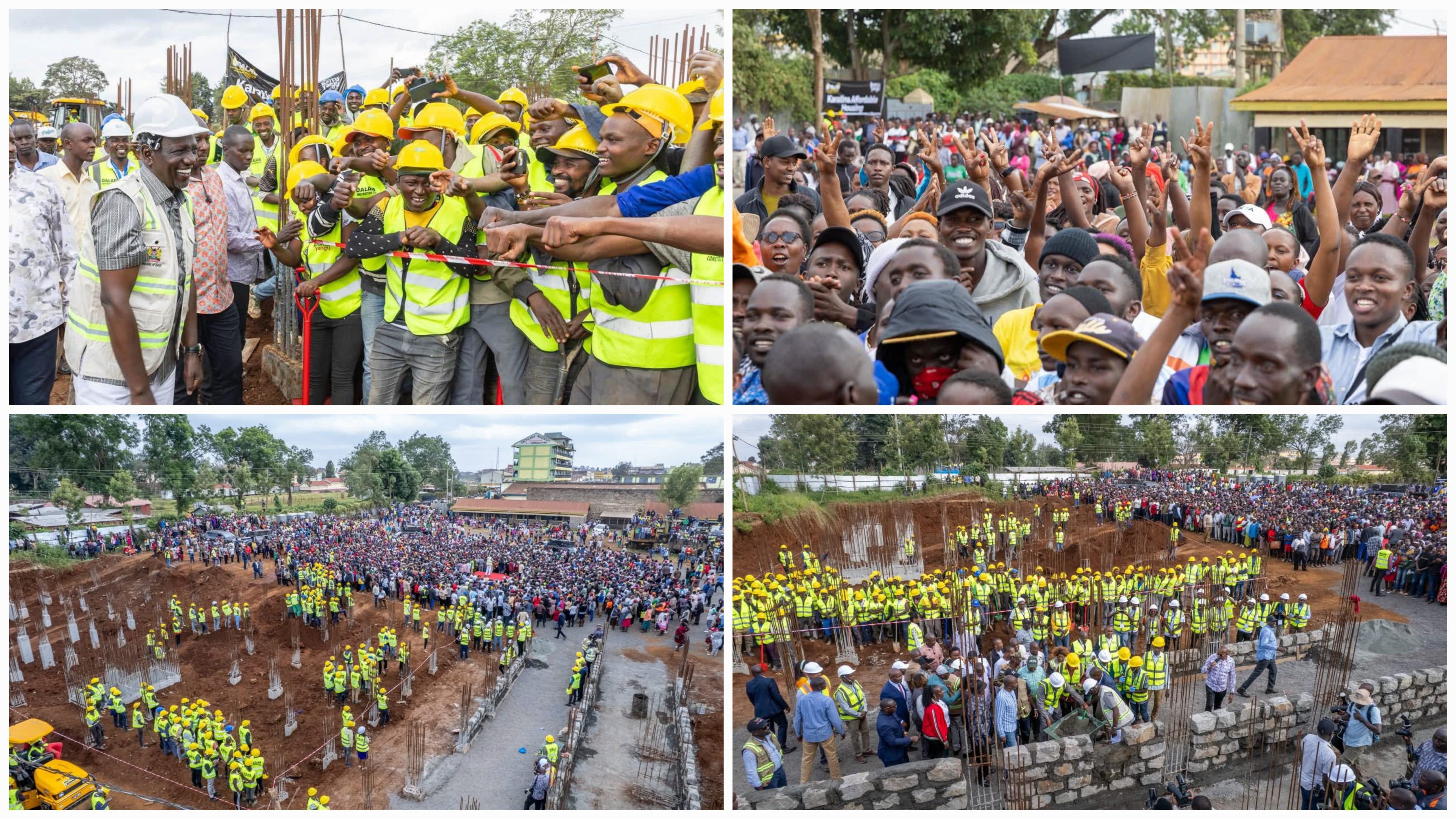 A photo collage of Karatina Marigiti Modern Market commissioning in Nyeri County, featuring construction of a multi-storey concrete structure with stalls and designated zones for trade.