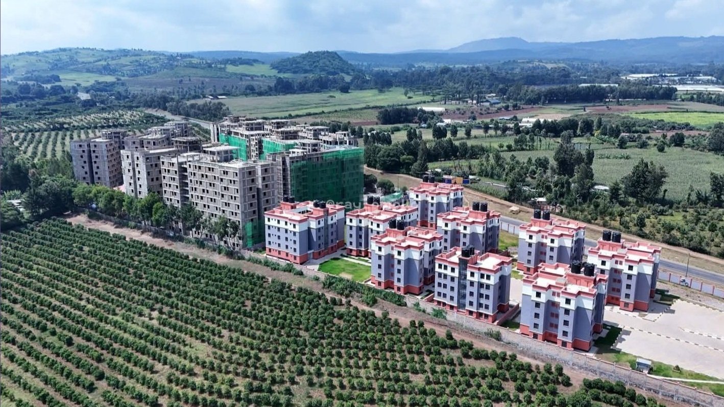 Aerial photo of multi-storey residential apartment blocks under construction at the Bahati Affordable Housing Project in Nakuru County, Kenya.