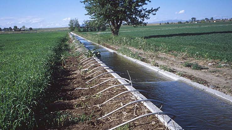 A long, concrete-lined irrigation canal running through a rural agricultural landscape with green crops in the background.