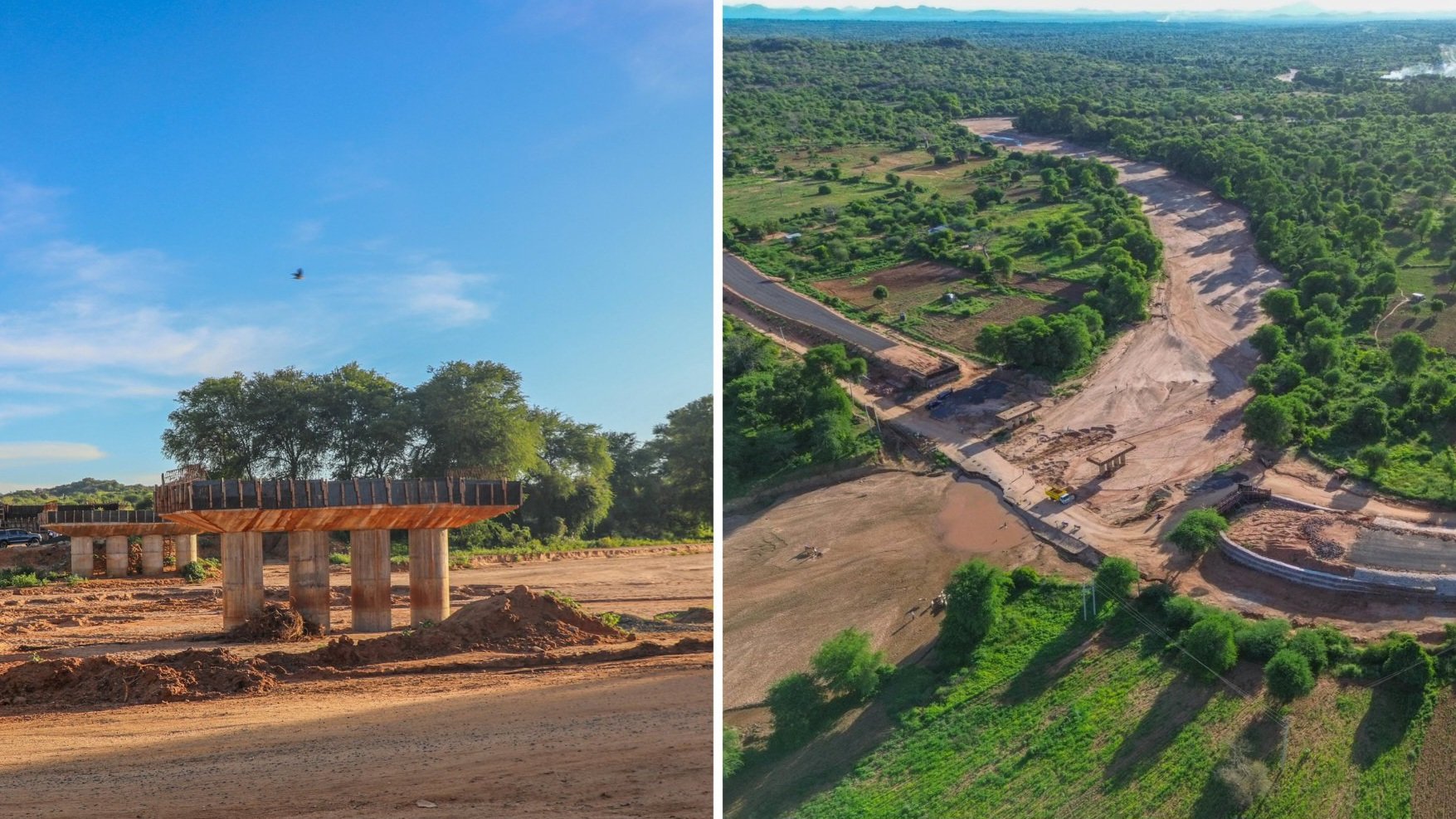 Aerial view of the Enziu Bridge construction site in Kitui County showing concrete piers rising from the riverbed and the surrounding landscape.