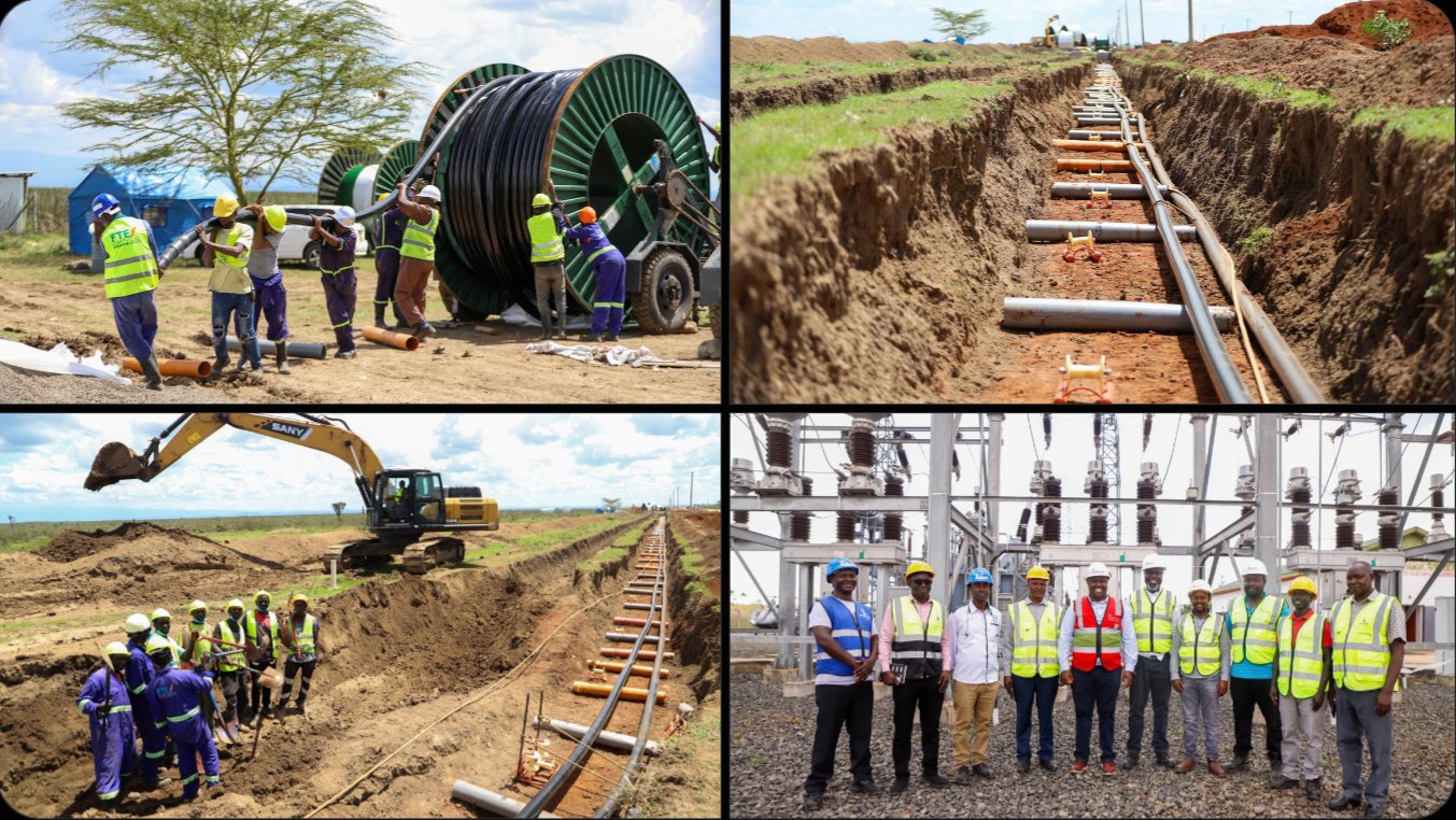 Engineers and workers installing heavy underground power cables along a trench in Laikipia County.
