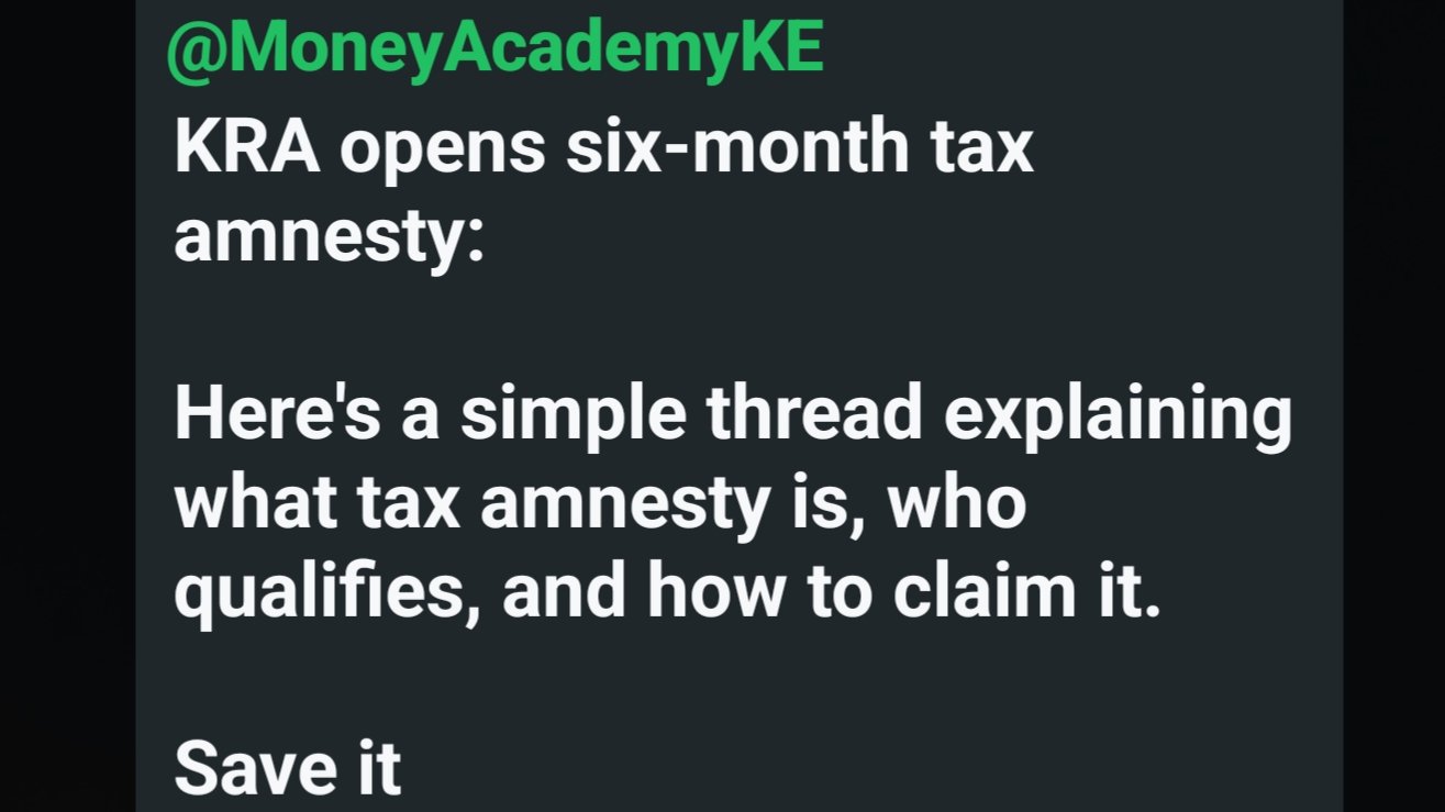 A close-up view of a digital device displaying an online messaging thread from a file named 290826.png detailing information about the six-month tax amnesty window opened by the Kenya Revenue Authority.