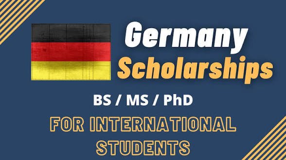 Graphic illustration featuring the German flag alongside the text "Germany Scholarships" for BS, MS, and PhD international students on a dark blue background..