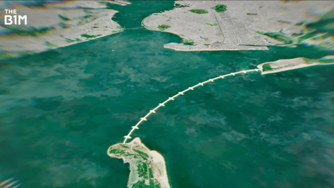 A wide graphic rendering of a massive coastal storm surge barrier with open retractable gates situated in an urban harbor waterway.